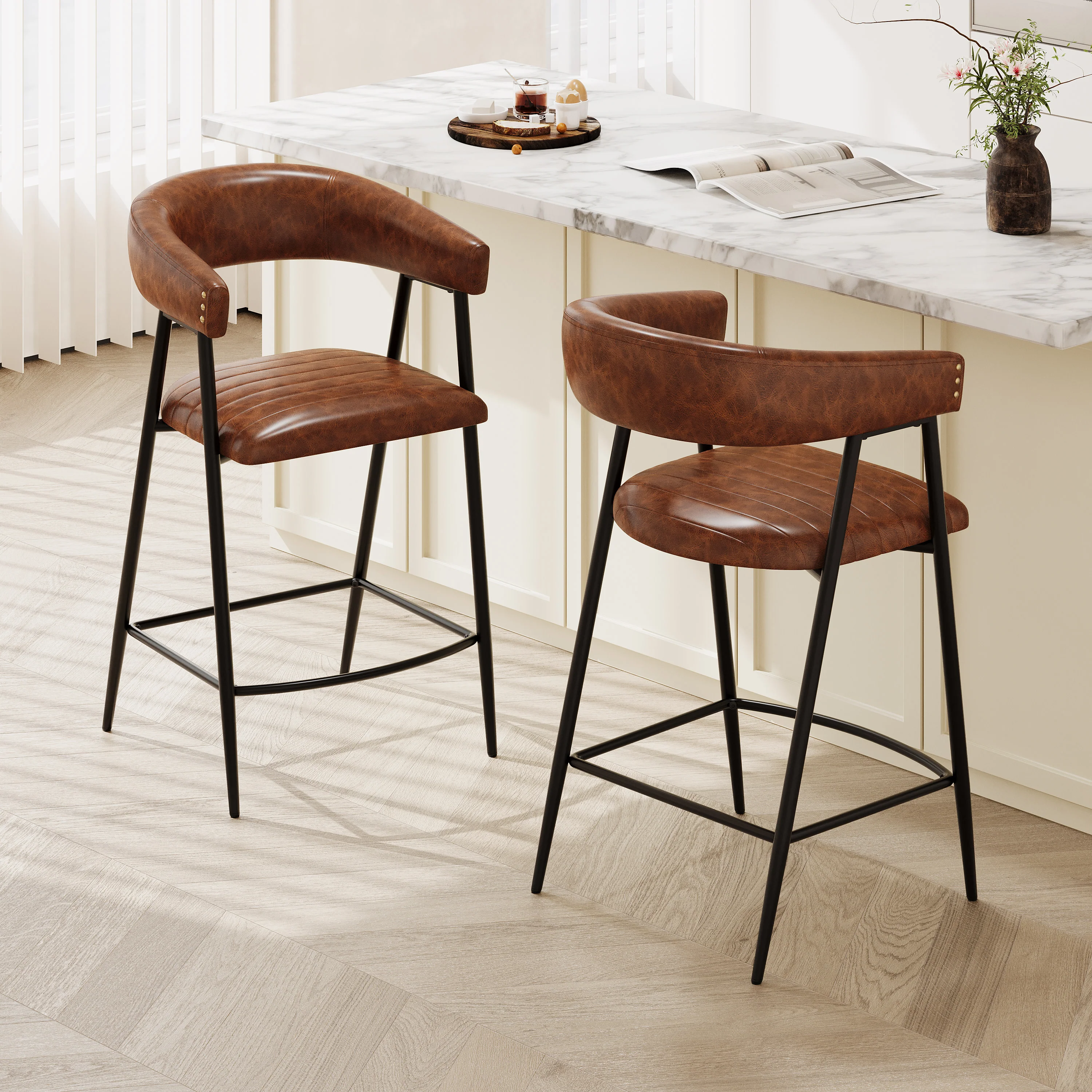 Ashbia Modern Upholstered PU Leather Counter Stools with Iron Frame, Set of 2 - furnishings