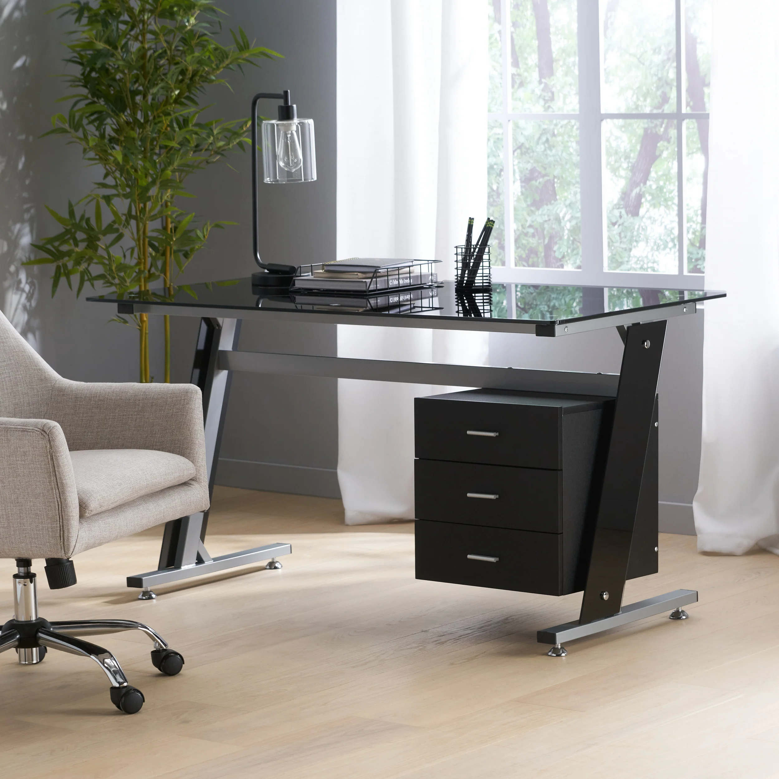 Berlin Modern Tempered Glass Computer Desk with Storage - furnishings