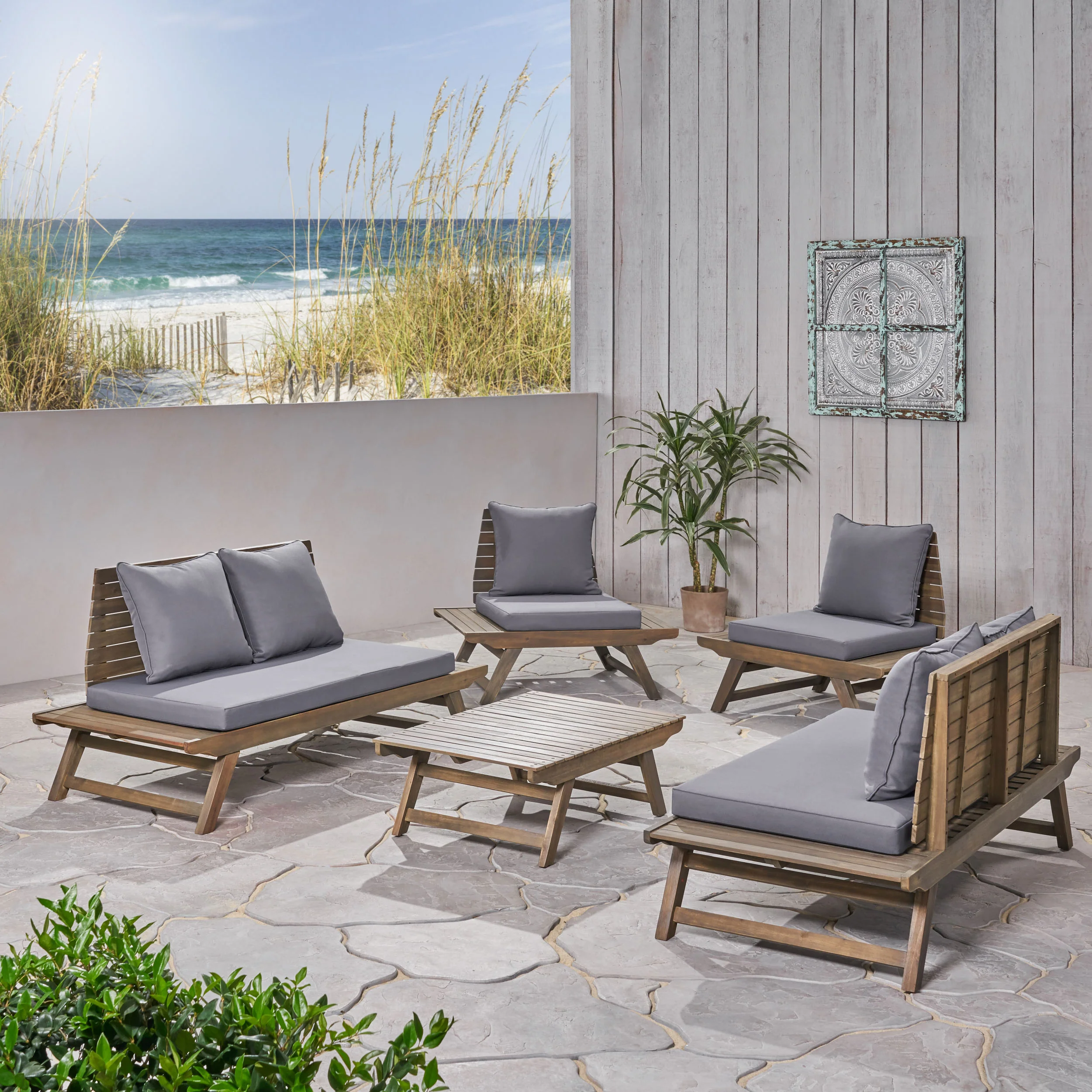 Hedy Outdoor Acacia Wood 6 Seater Chat Set - furnishings