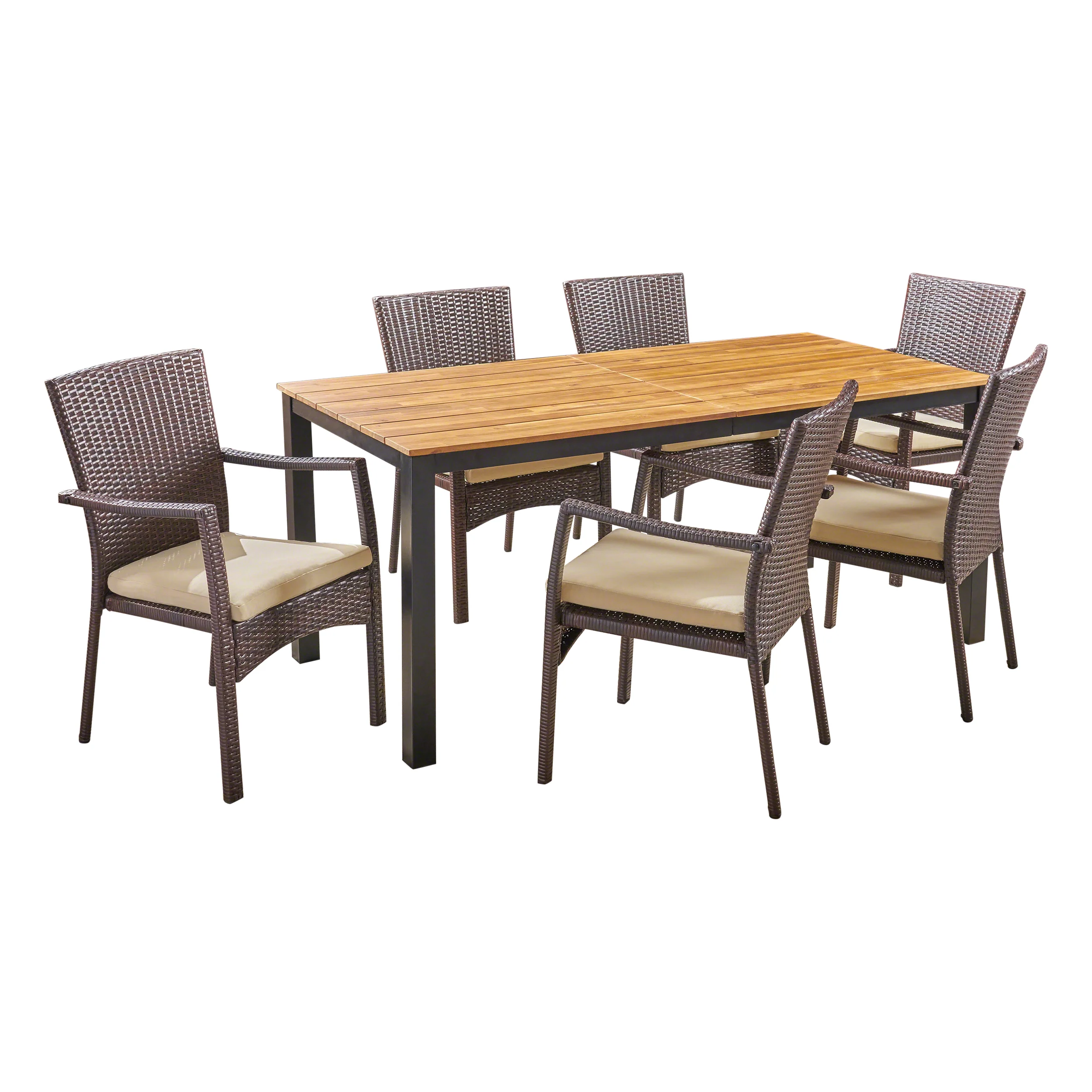 Elaine Outdoor 7 Piece Acacia Wood Dining Set with Wicker Chairs, Teak and Brown and Cream - furnishings