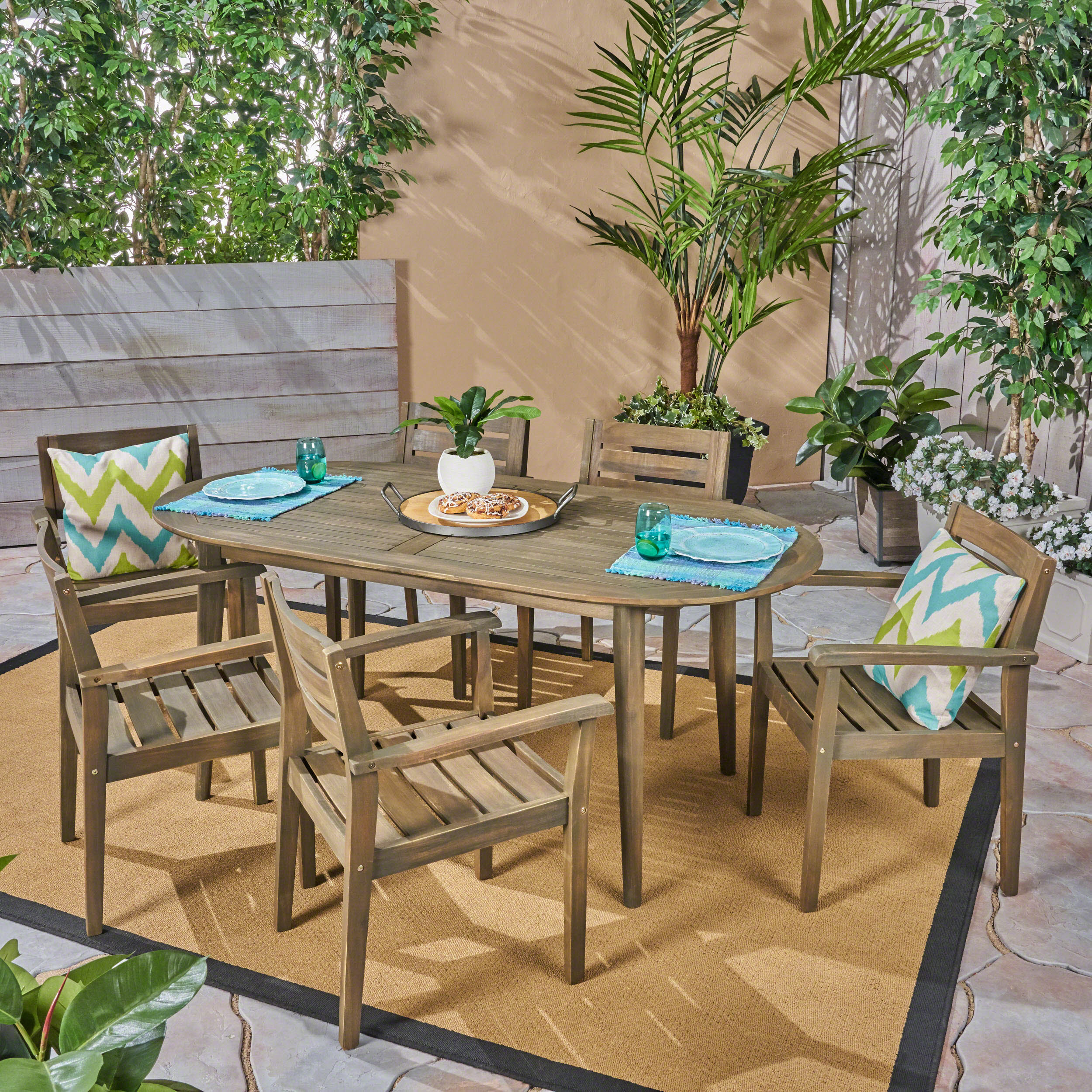 Stanford Outdoor 7-Piece Acacia Wood Dining Set with Oval Table, Gray Finish - furnishings