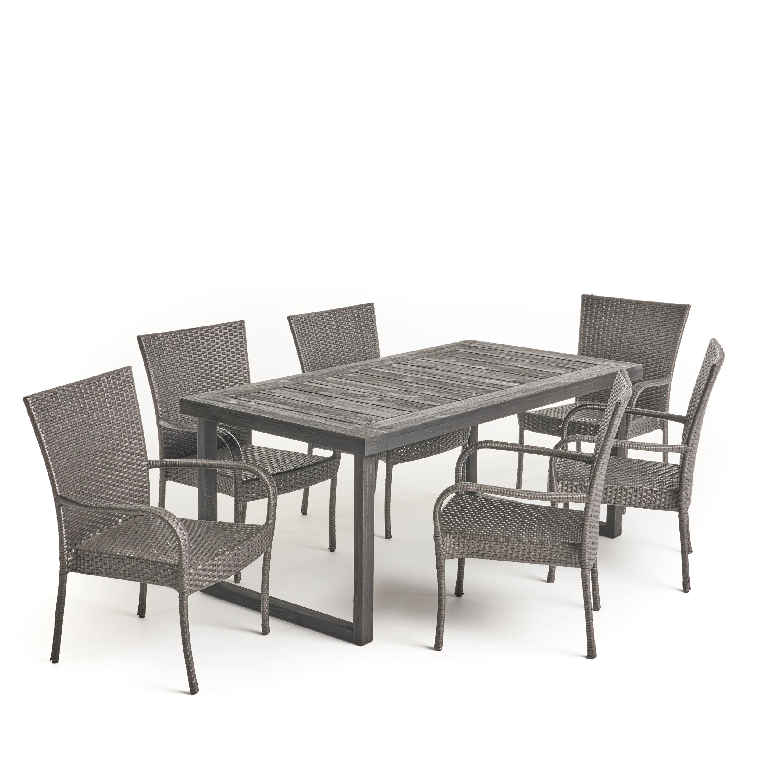 Salome Outdoor 7 Piece Acacia Wood Dining Set with Stacking Wicker Chairs, Sandblast Dark Gray and Gray - furnishings