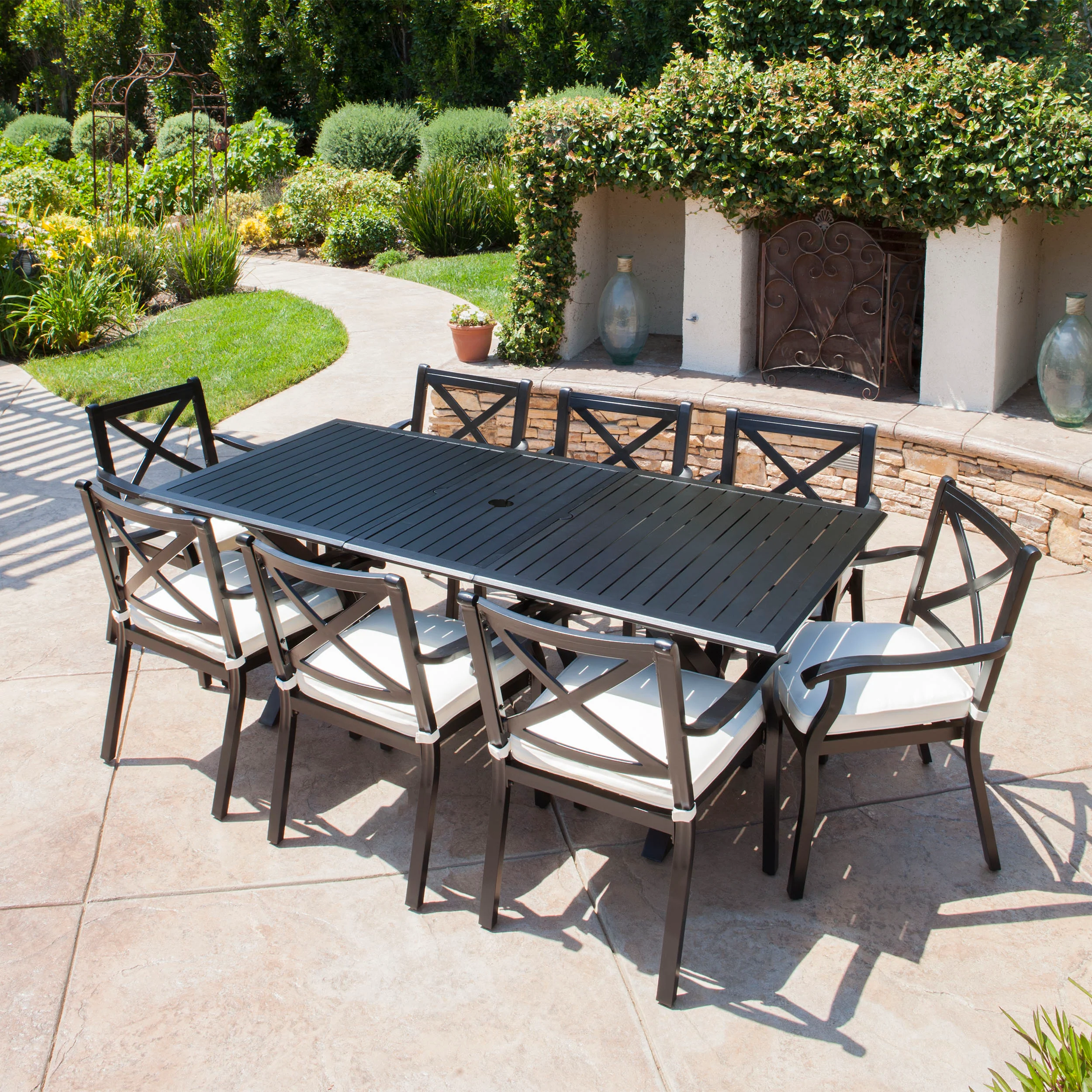 Eowyn Expandable 7-9 Piece Outdoor Cast Aluminum Dining Set w/ Umbrella Hole - furnishings