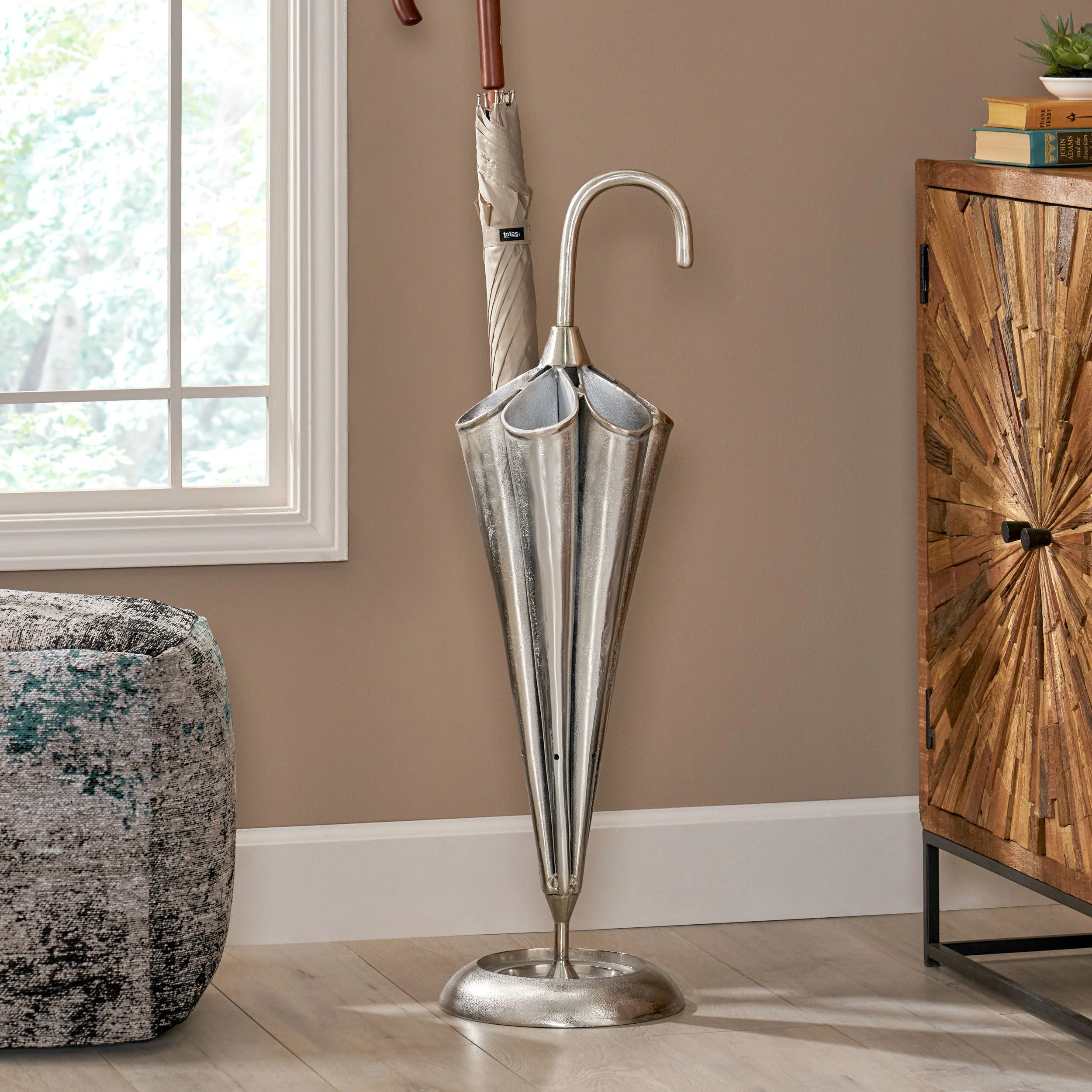 Ridgeway Handcrafted Aluminum Umbrella Stand Sculpture, Raw Nickel - furnishings