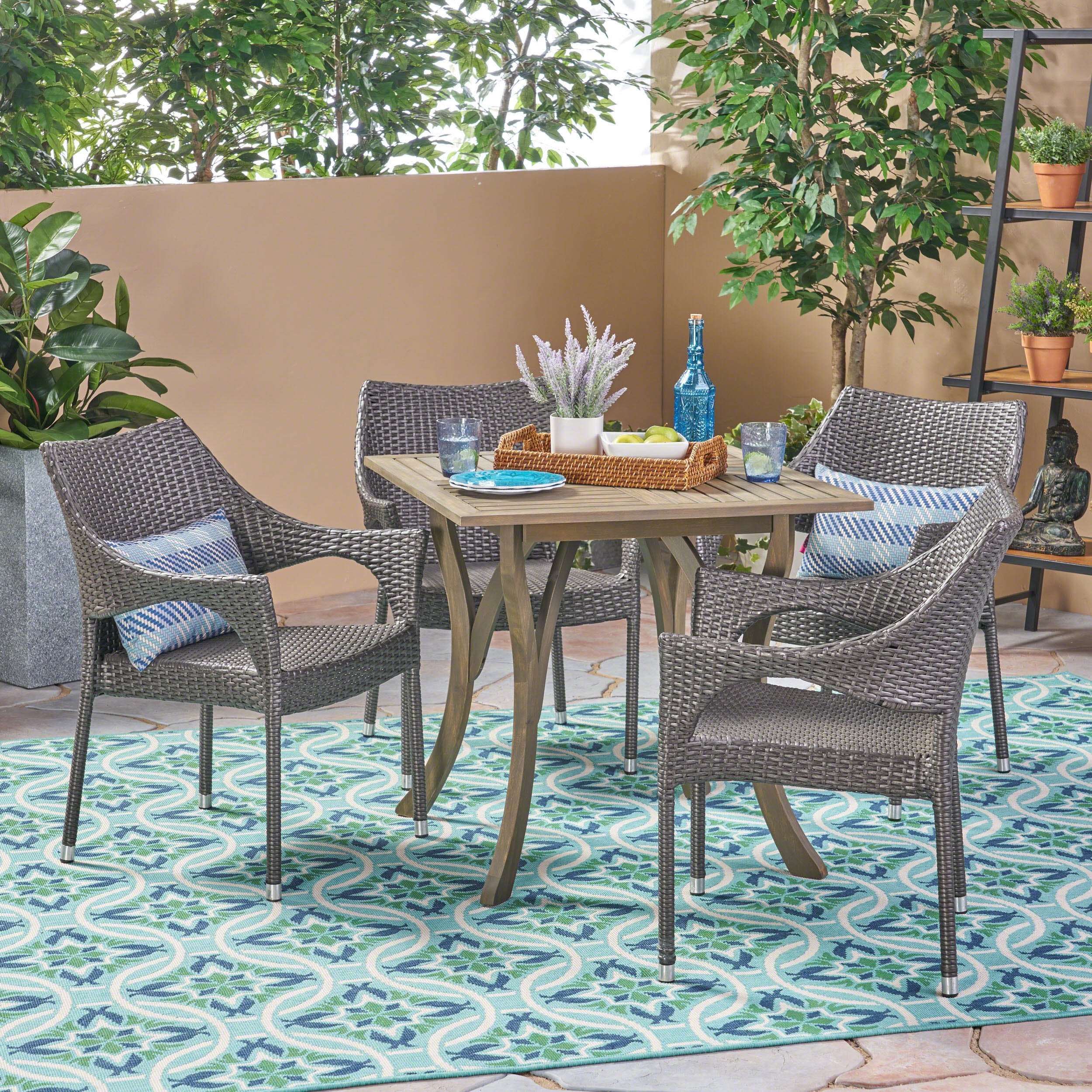 Colin Outdoor 5 Piece Acacia Wood and Wicker Square Dining Set - furnishings