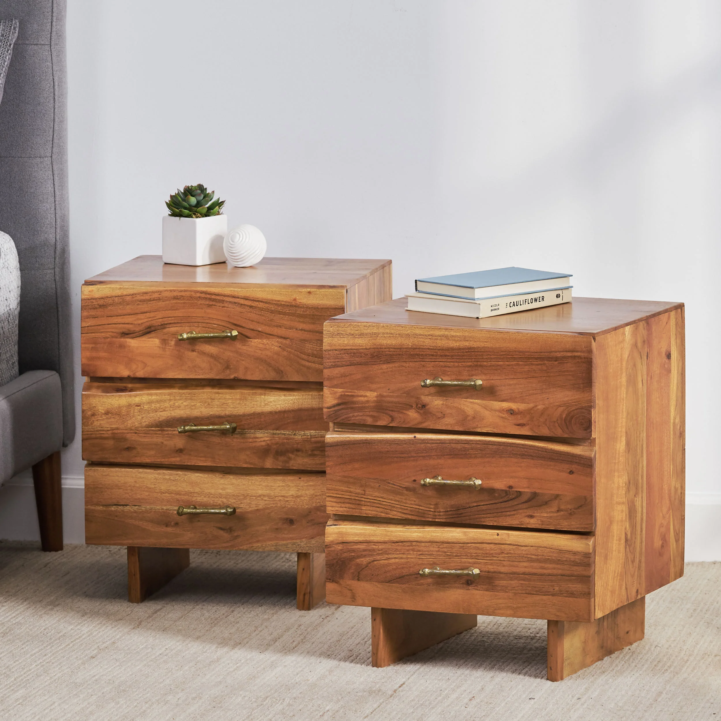 Tift Terrell Handcrafted Boho Acacia Wood 3 Drawer Nightstand, Set of 2 - furnishings