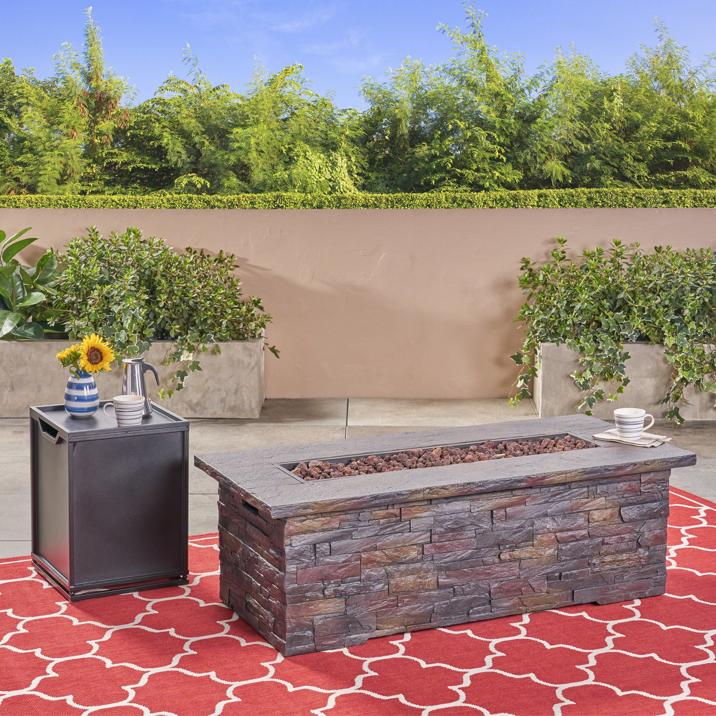 Welsh Outdoor Light Weight Rectangular Fire Pit, Natural Stone - furnishings