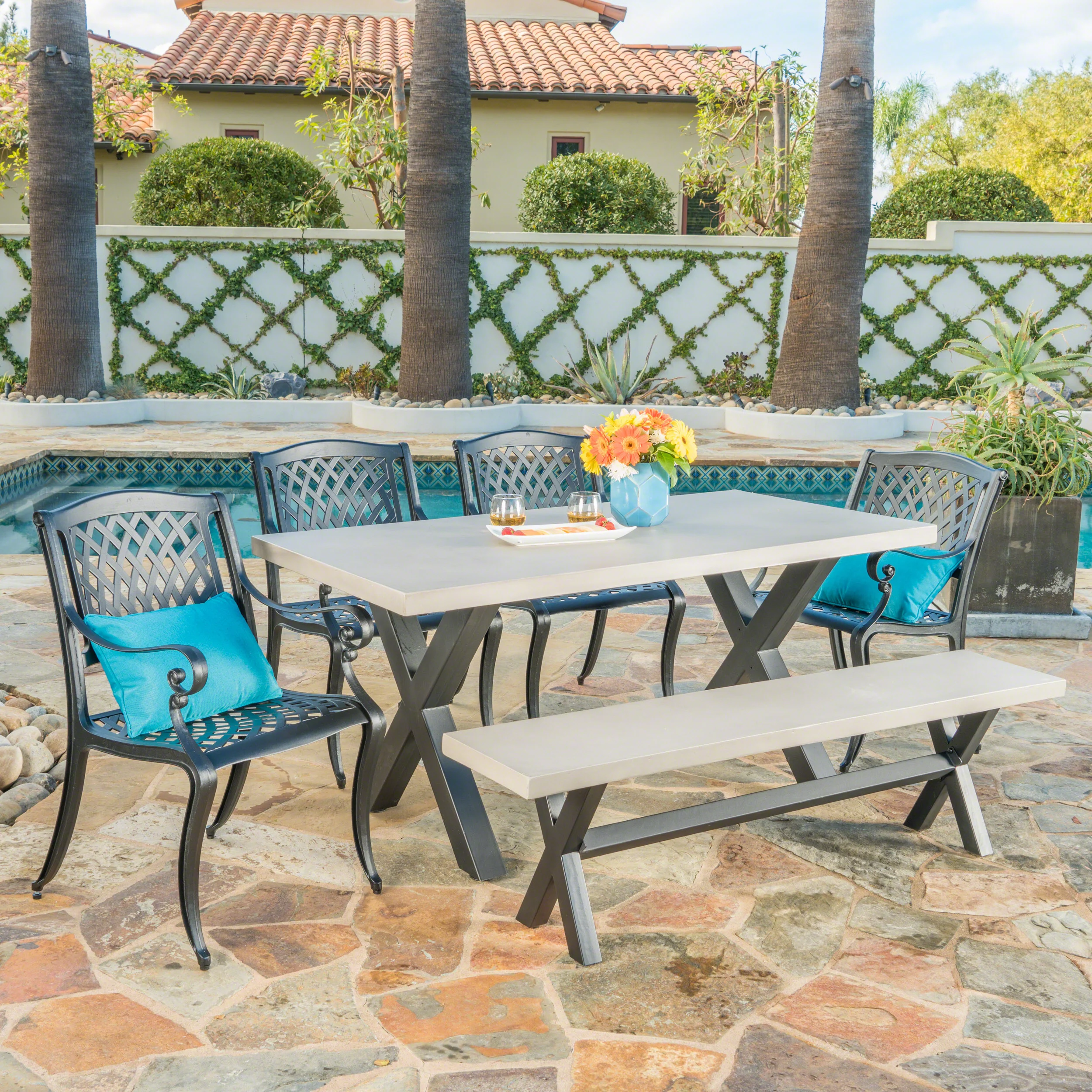 Leala Outdoor 6 Seater Dining Set With Bench - furnishings