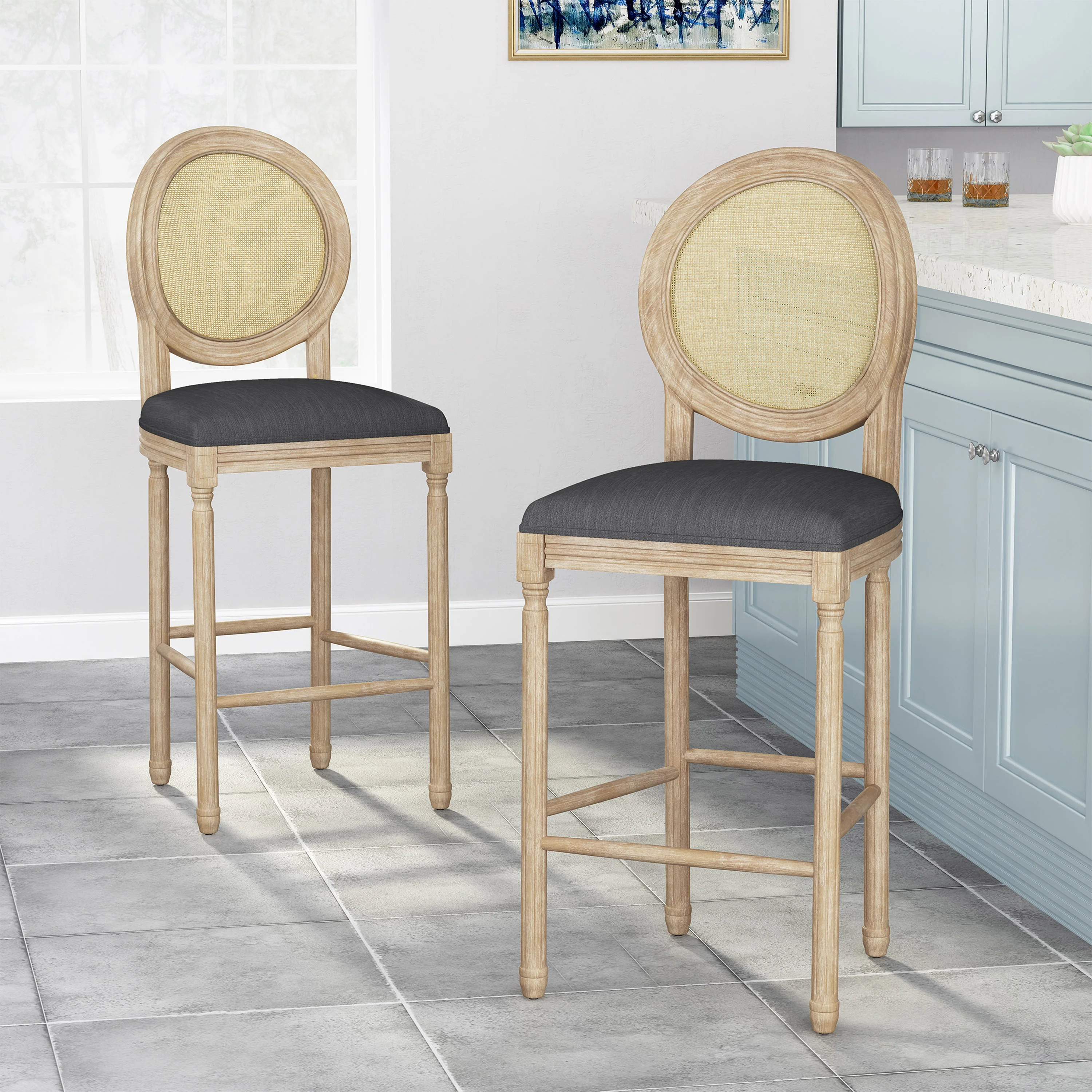Salton French Country Wooden Barstools with Upholstered Seating (Set of 2) - furnishings