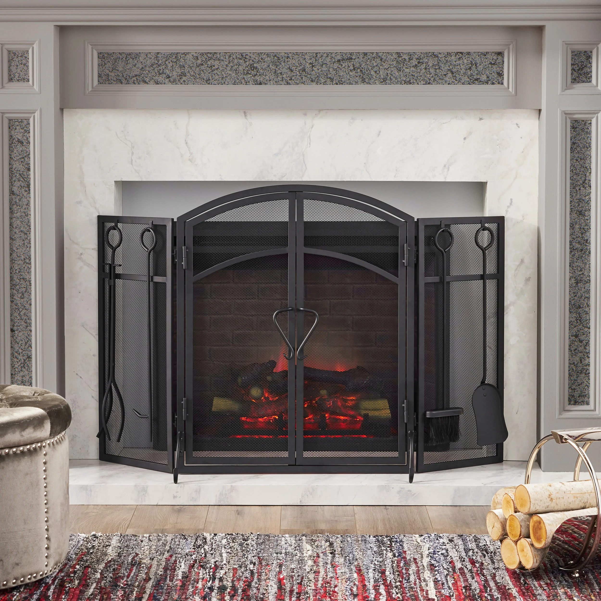 Rue Modern Iron Folding Fireplace Screen with Door and Tools - furnishings