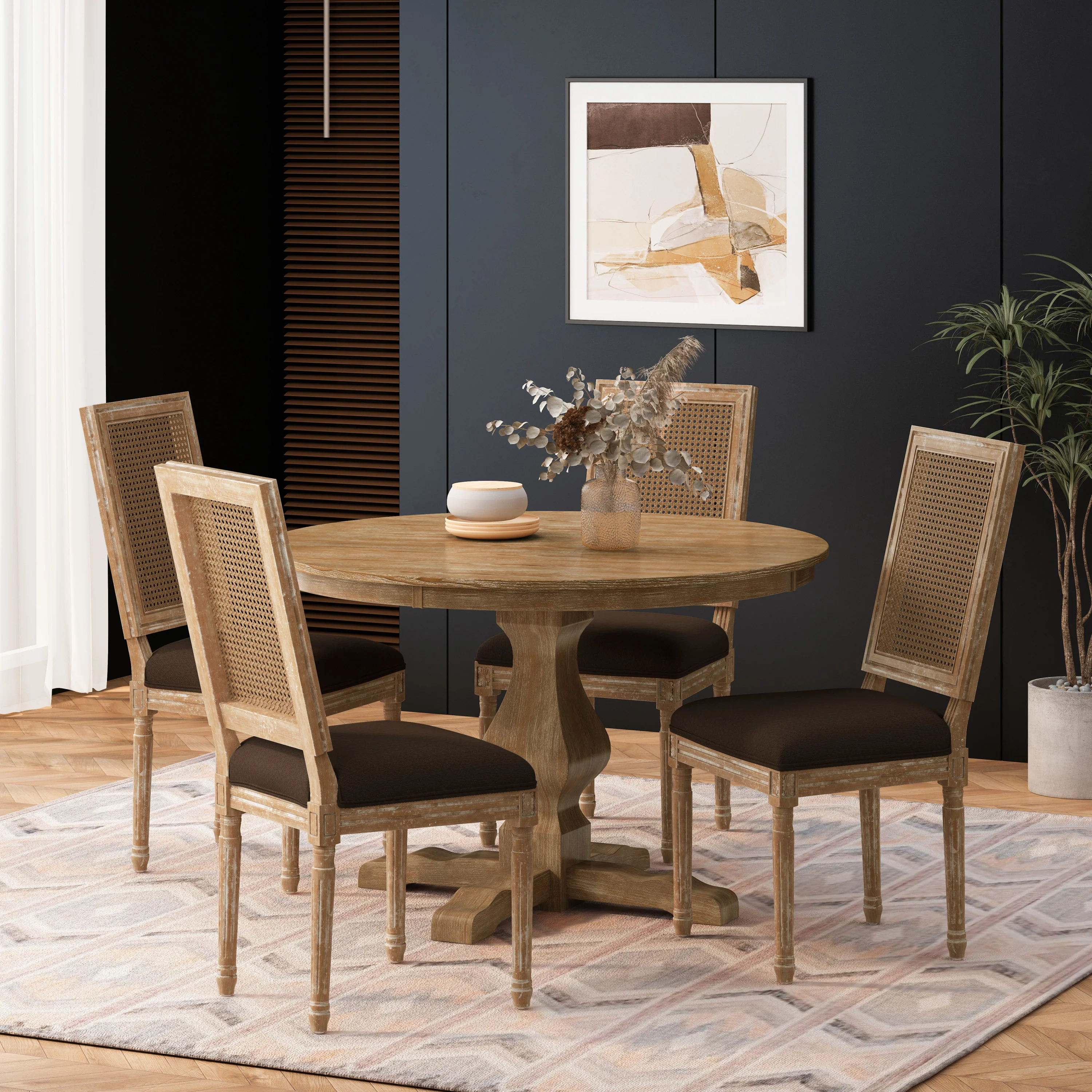 Merlene French Country Fabric Upholstered Wood and Cane 5 Piece Circular Dining Set - furnishings