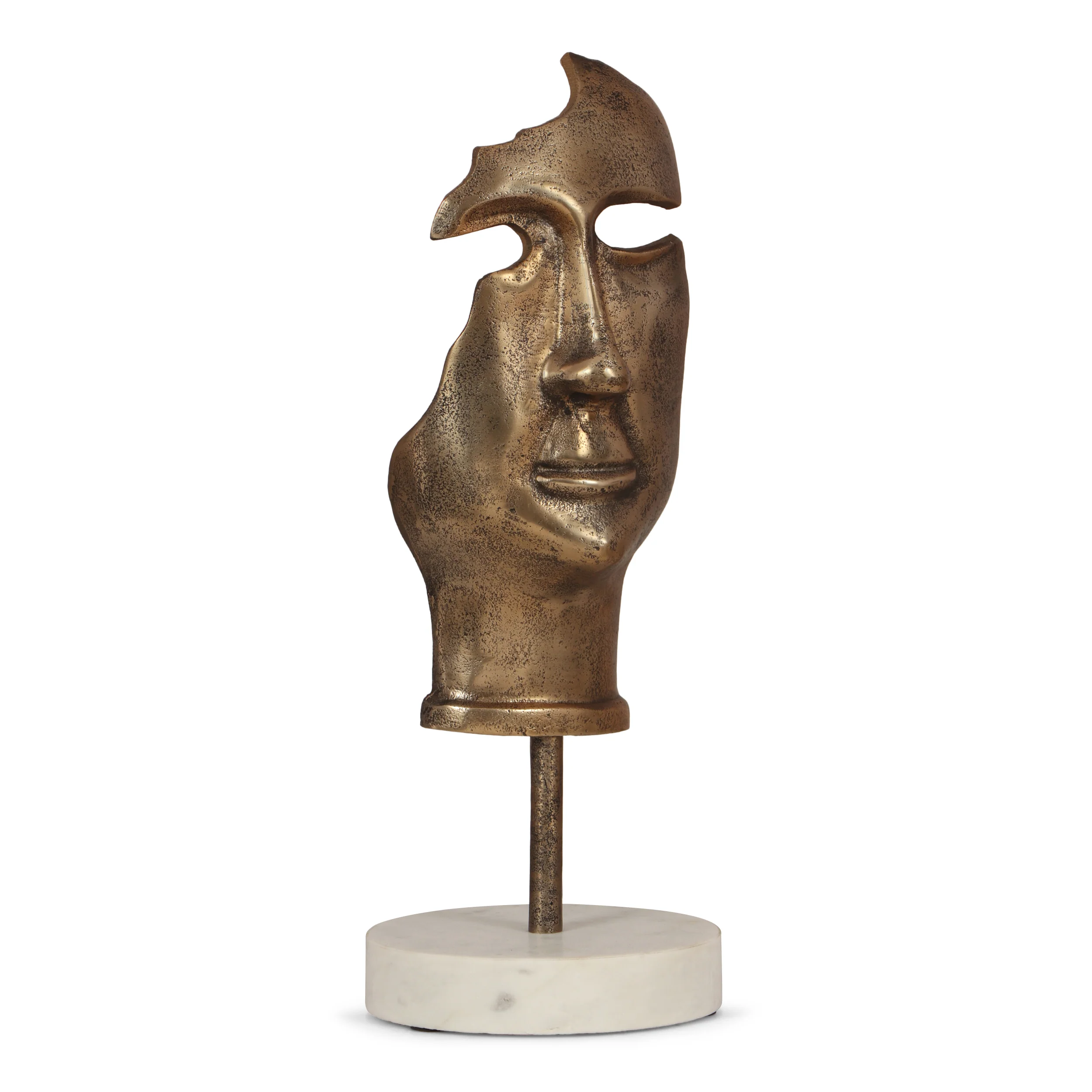 Cleves Handcrafted Aluminum Abstract Face Decor with Stand, Antique Brass and White - furnishings