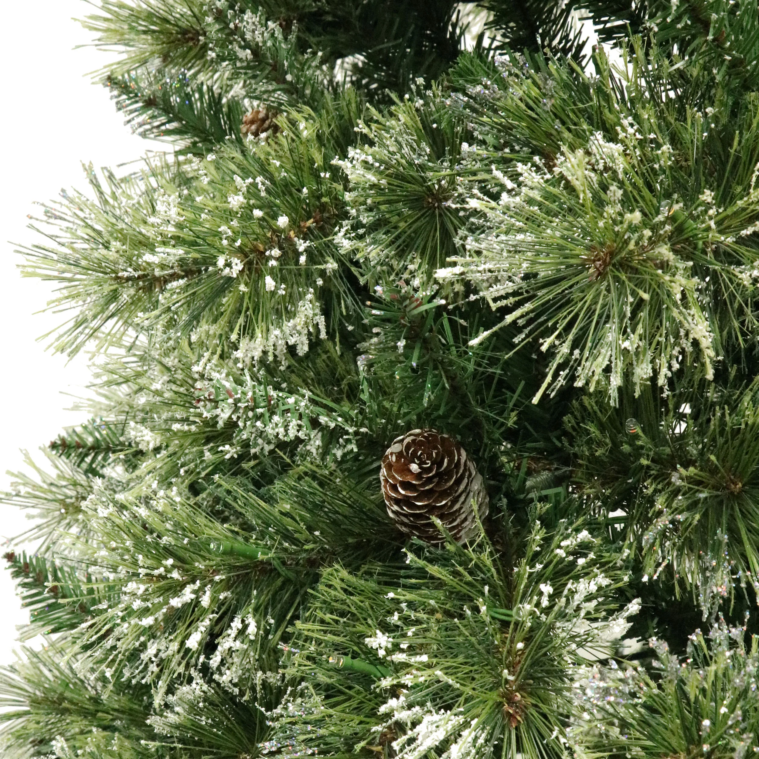 7.5-foot Cashmere Pine and Mixed Needles Pre-Lit Clear LED Hinged Artificial Christmas Tree with Snow and Glitter Branches and Frosted Pinecones - furnishings