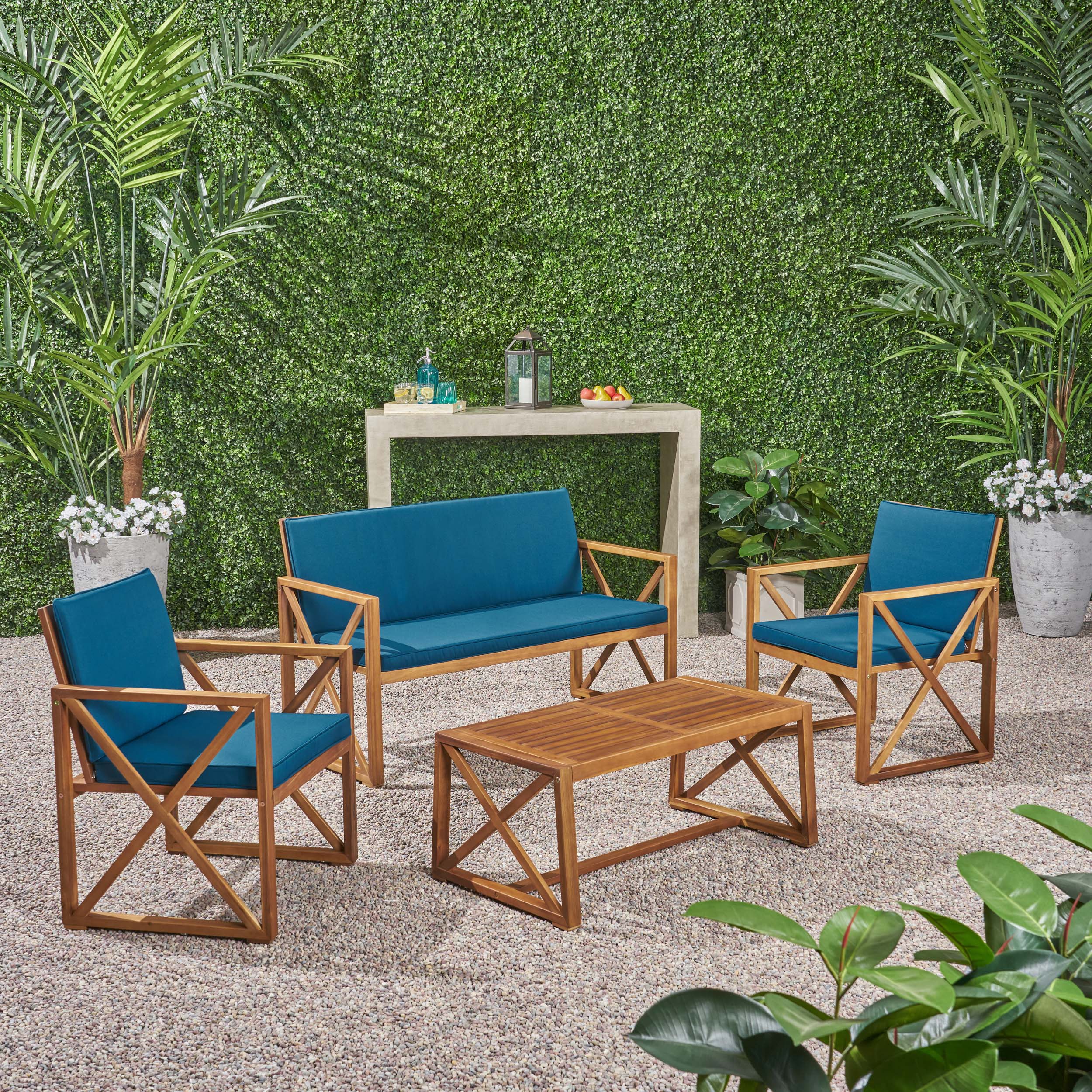 Penny Outdoor Acacia Wood 4 Piece Chat Set with Cushions - furnishings