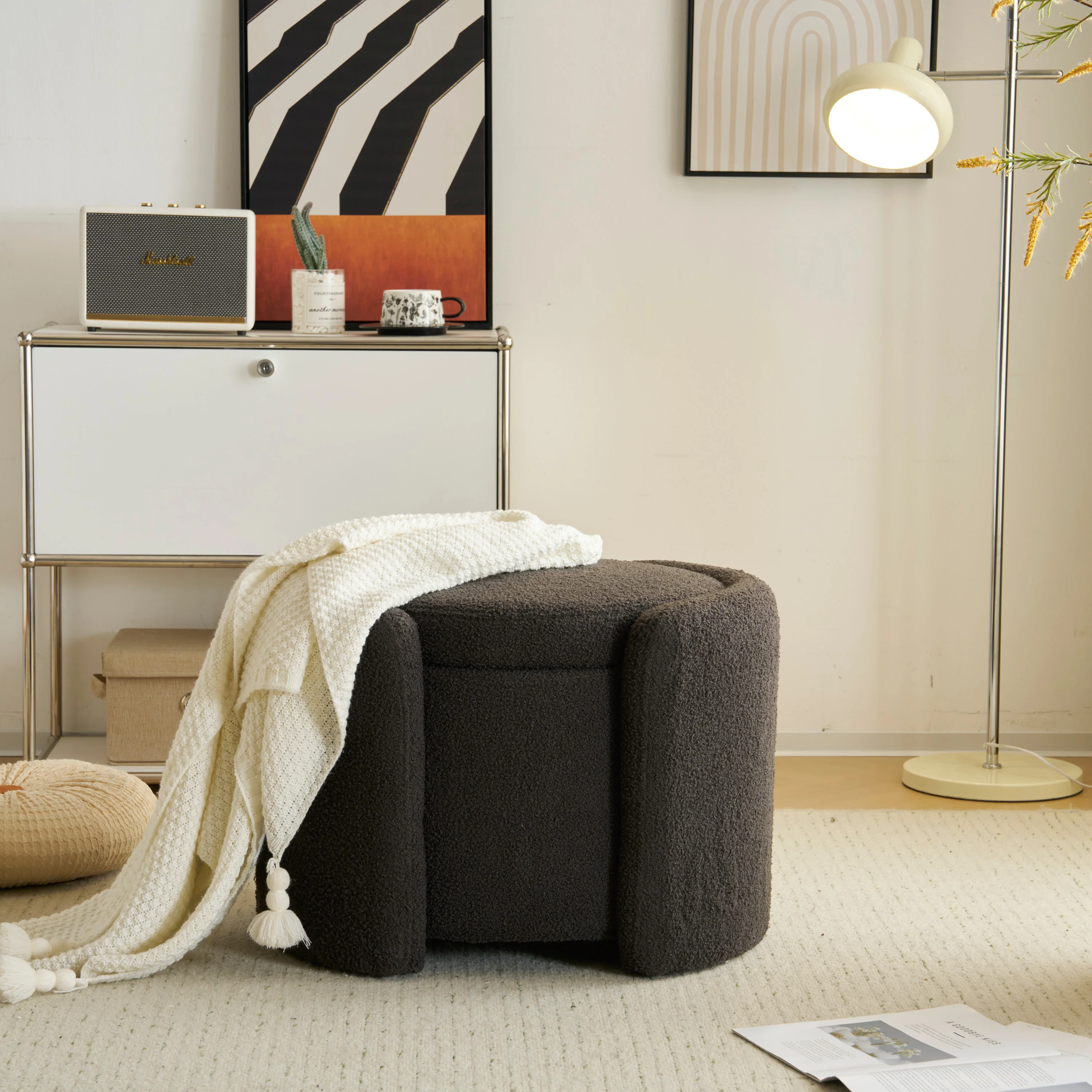 Cozy Lamb Fleece Oval Storage Ottoman Footstool Bench - furnishings