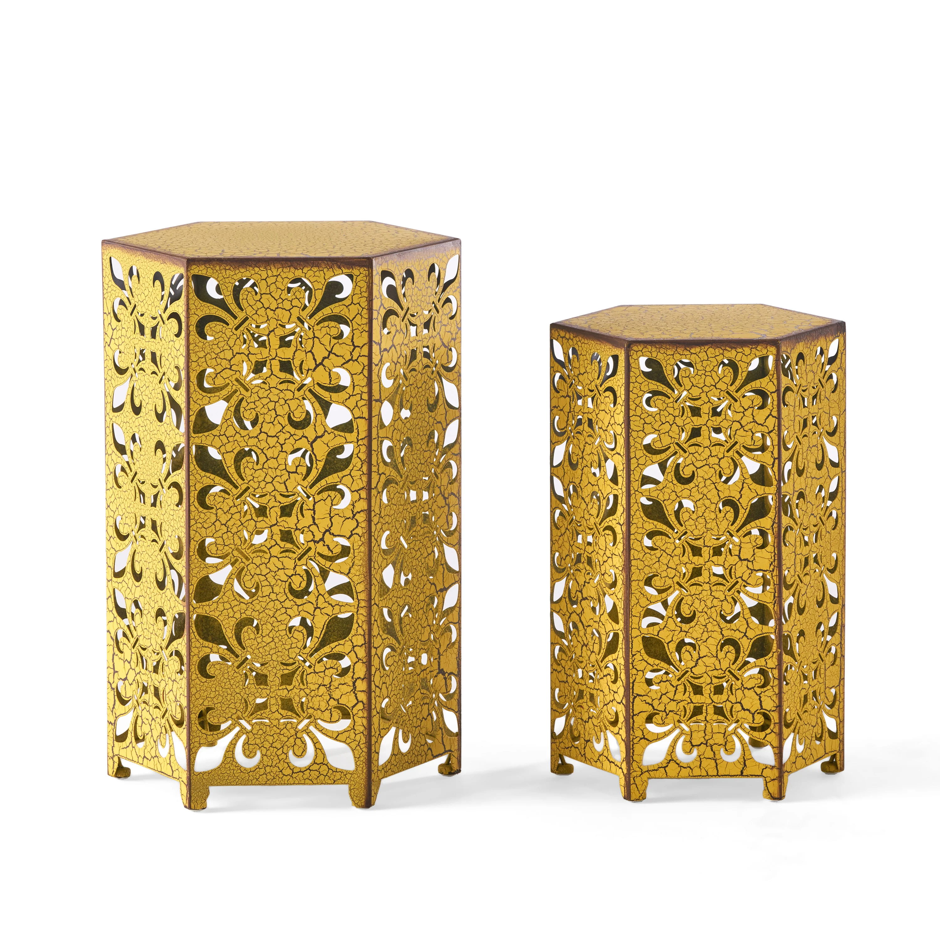 Contemporary Outdoor Hexagonal Antique Yellow Iron Accent Tables (Set of 2) - furnishings
