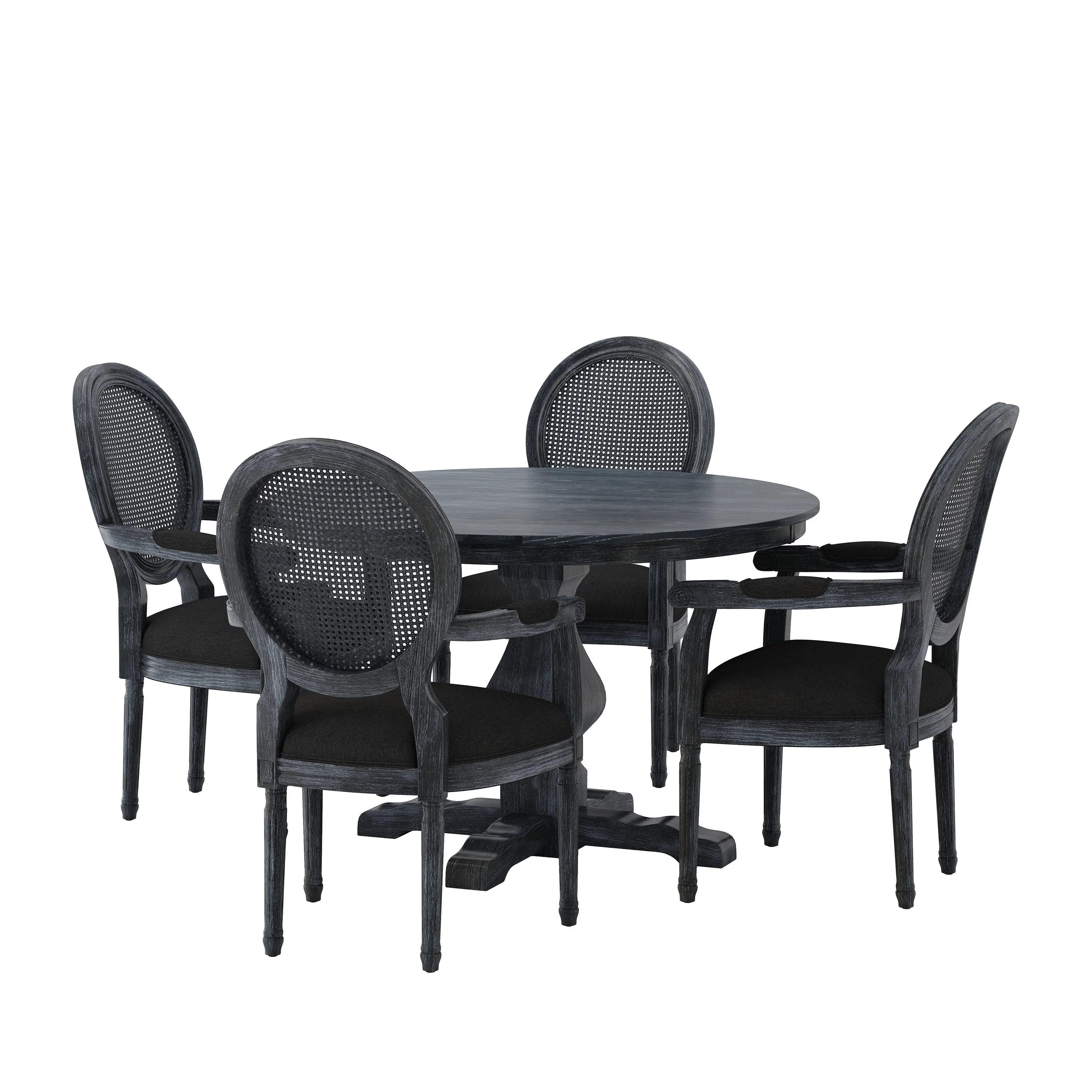Bryan French Country Fabric Upholstered Wood and Cane 5 Piece Circular Dining Set - furnishings