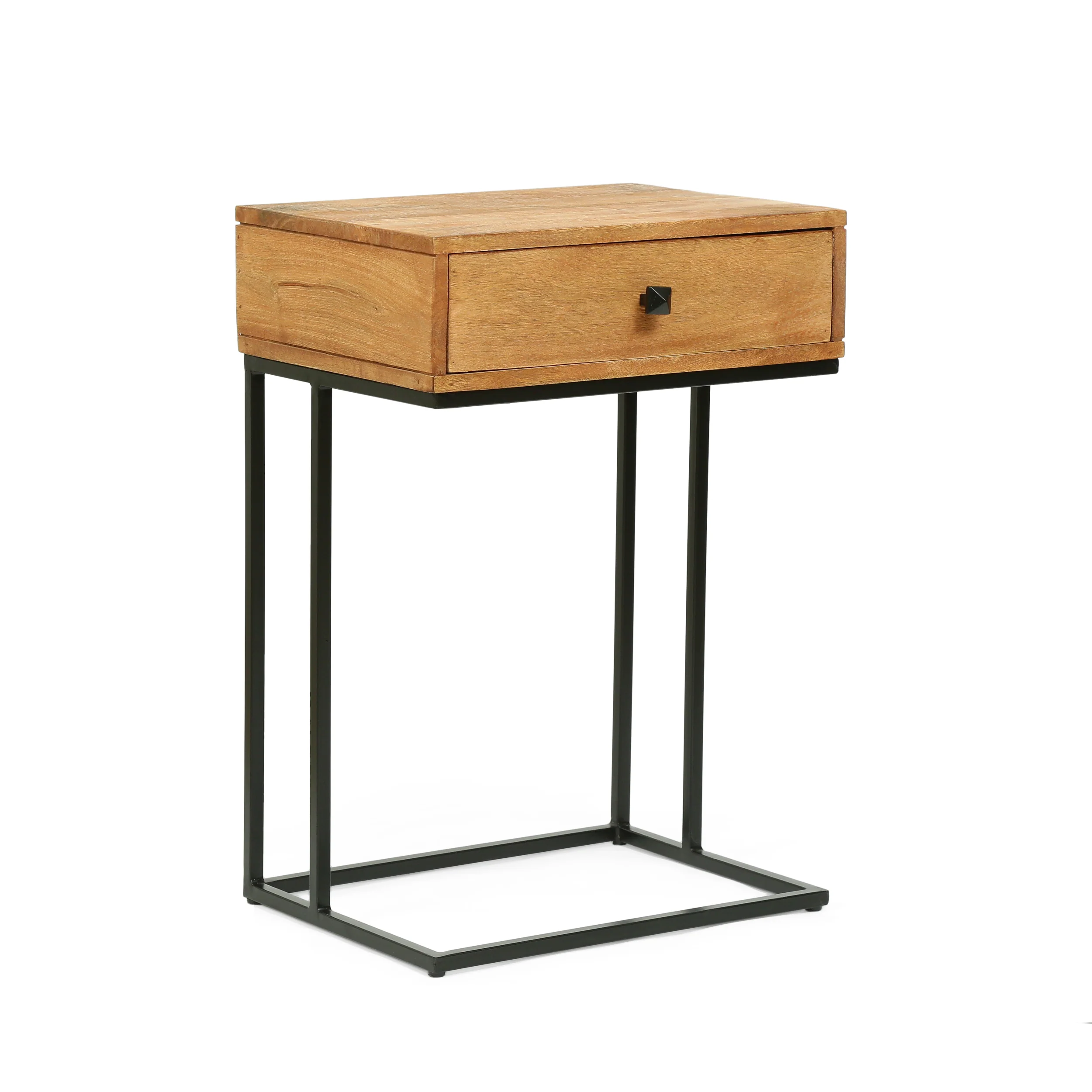 Wickson Modern Industrial Handmade Mango Wood C-Shaped Side Table with Drawer, Natural and Black - furnishings