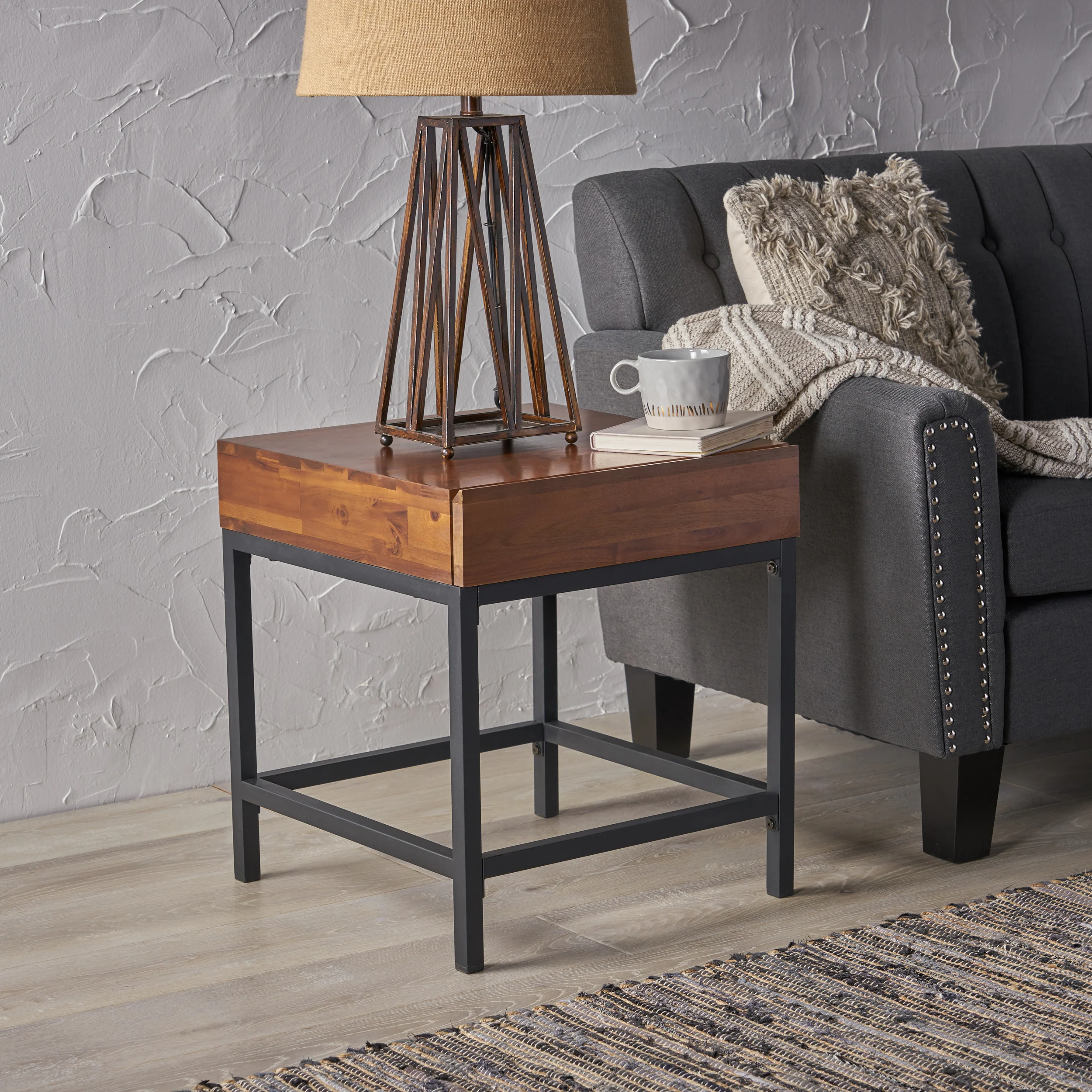 Elrod Industrial Dark Oak Acacia Wood Storage Side Table - furnishings