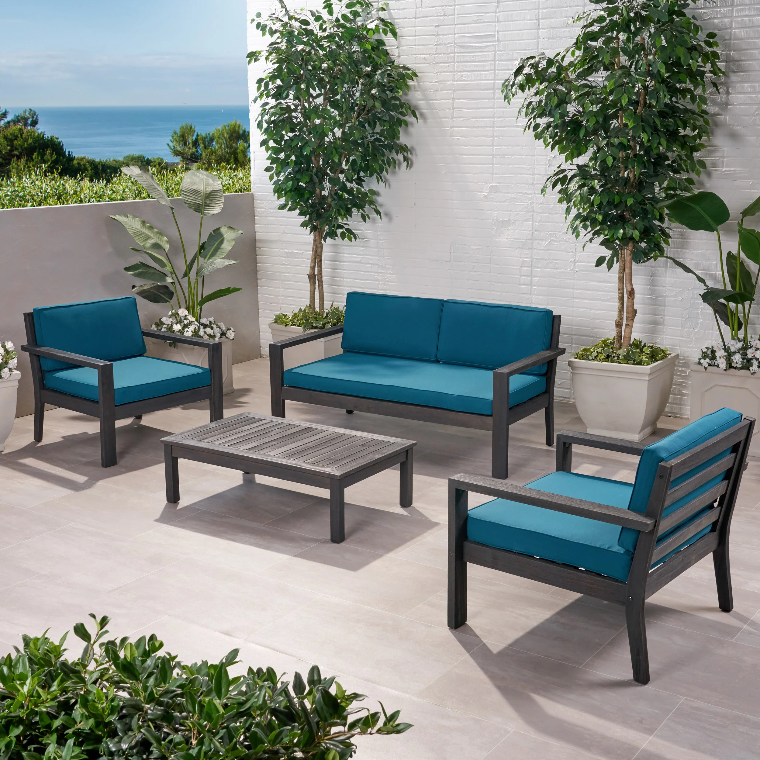 Joanne Outdoor 4 Seater Acacia Wood Chat Set with Cushions - furnishings