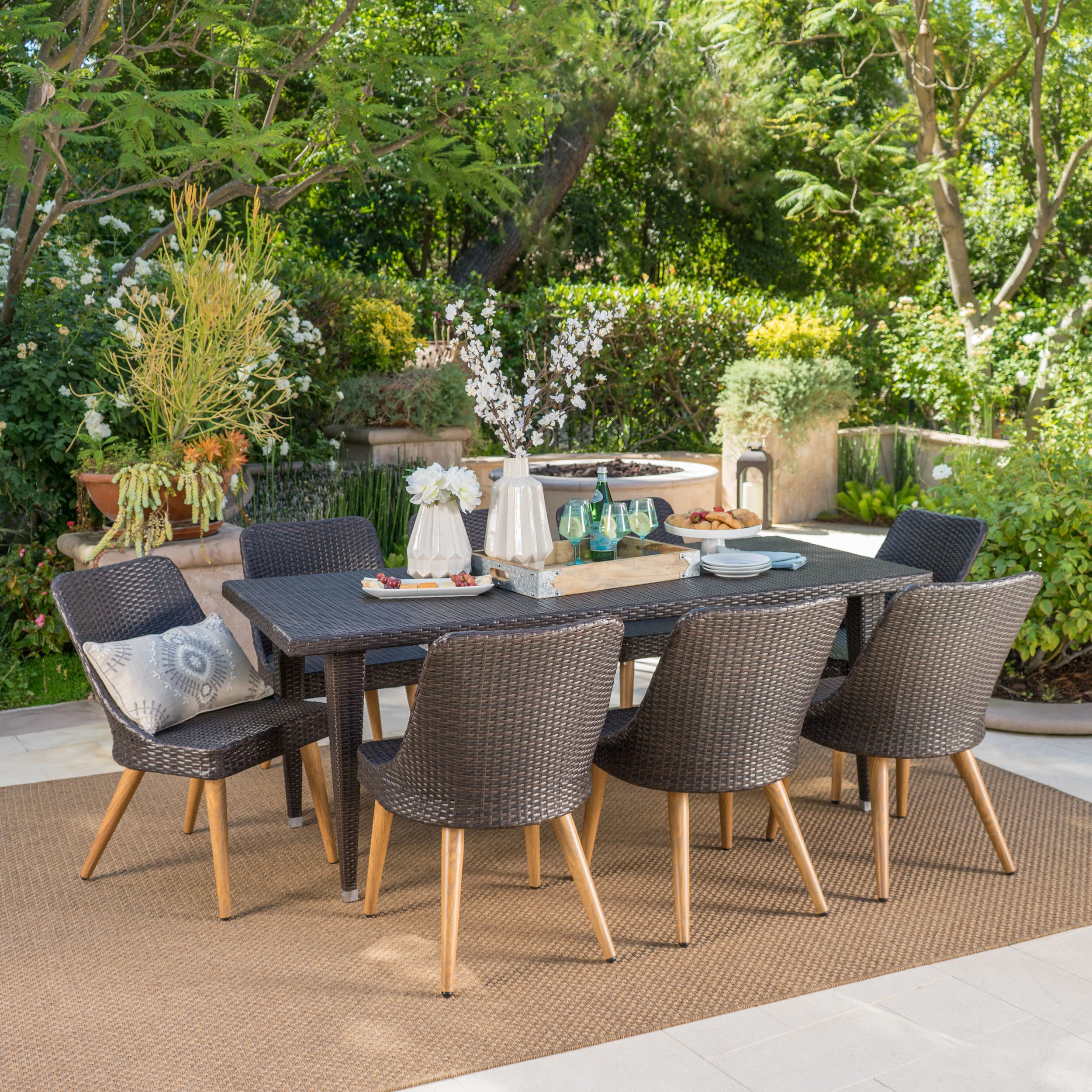 Jamey Outdoor 9 Piece Multi-brown Wicker Dining Set with Wood Finished Metal Leg - furnishings