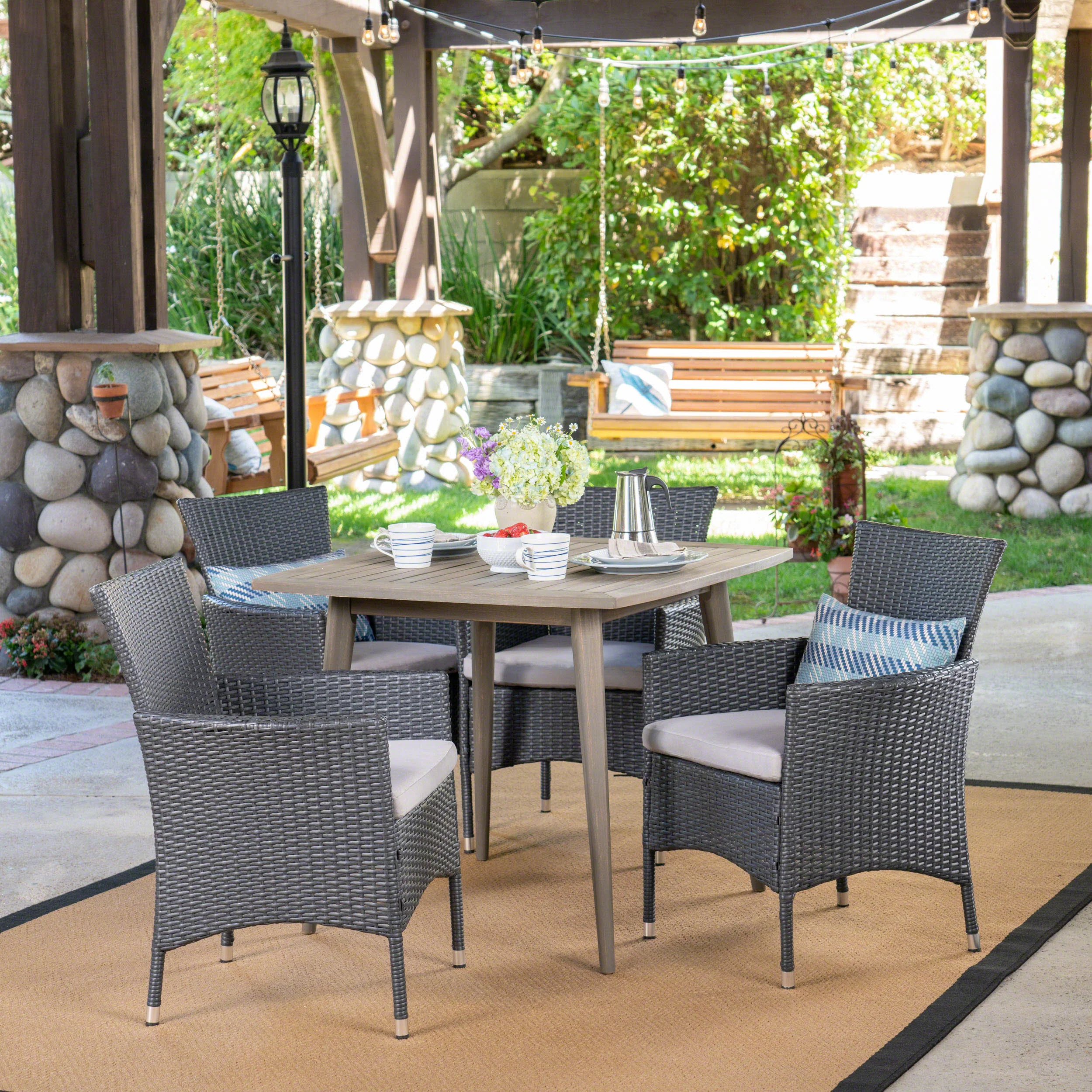 Jo Outdoor 5 Piece Wood and Wicker Dining Set, Gray and Gray - furnishings