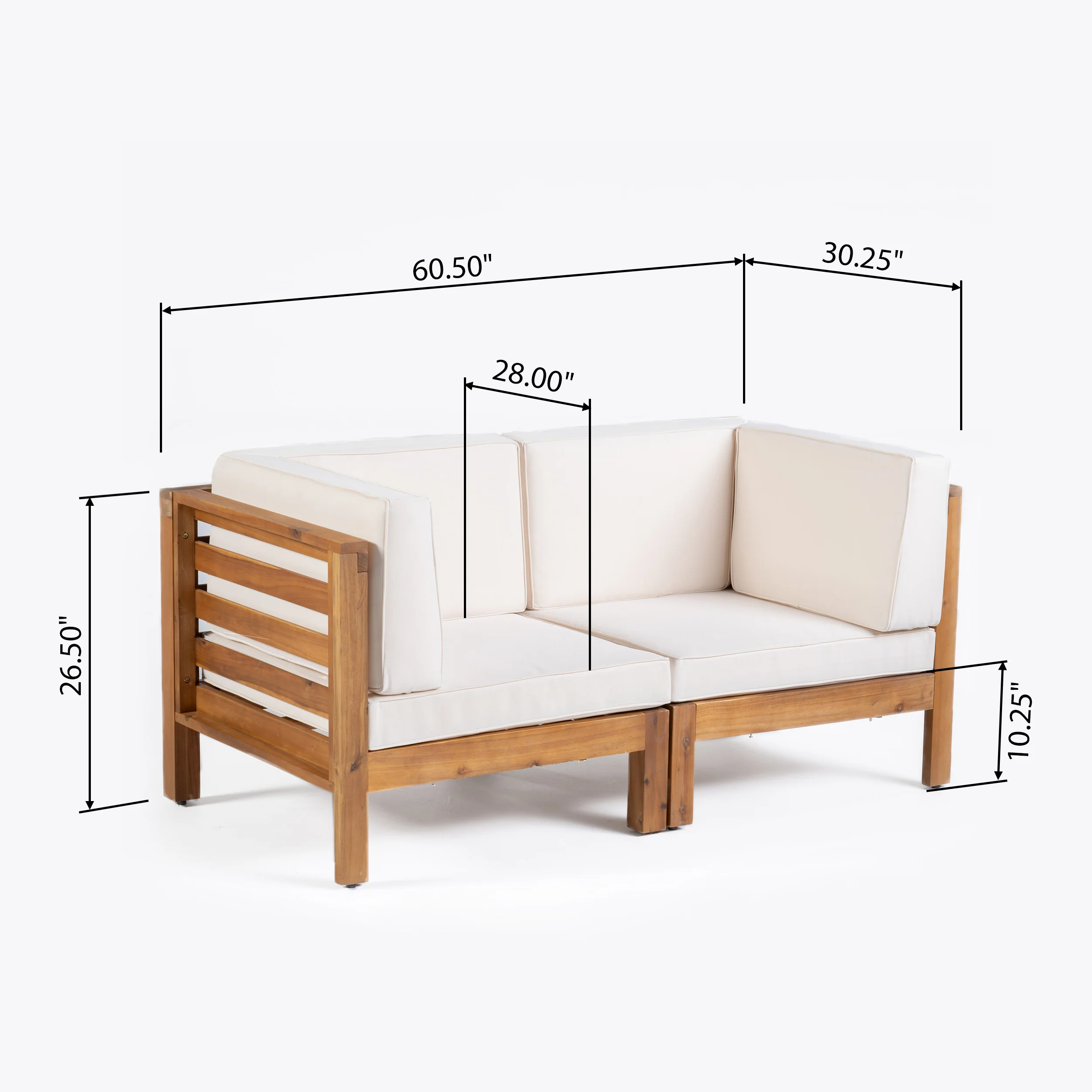 Dawson Outdoor 2-Seater Acacia Wood Sectional Loveseat Set with Cushions - furnishings