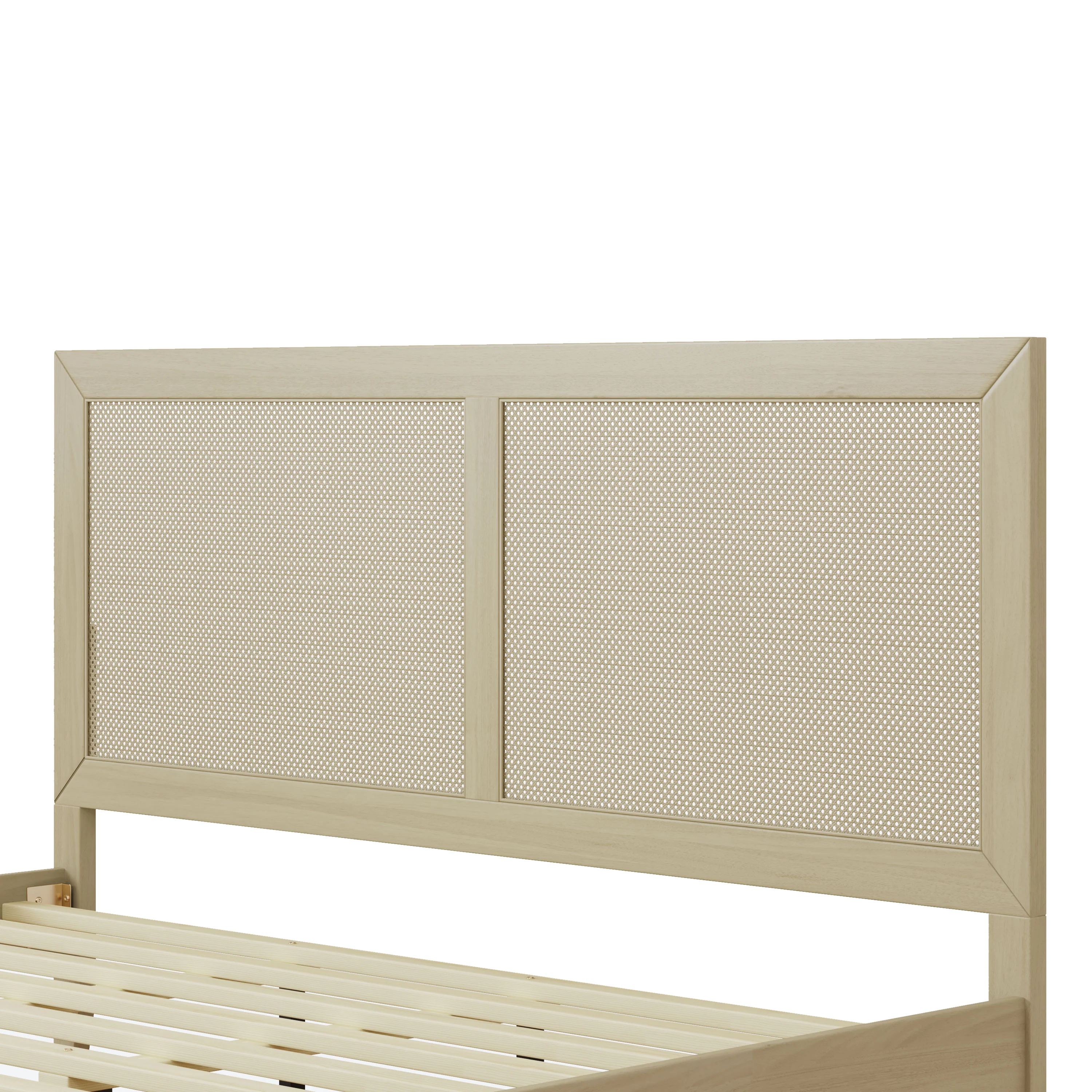 Linenwood Eudoca Rubber Wood Platform Bed with Rattan Woven Headboard, Natural - furnishings