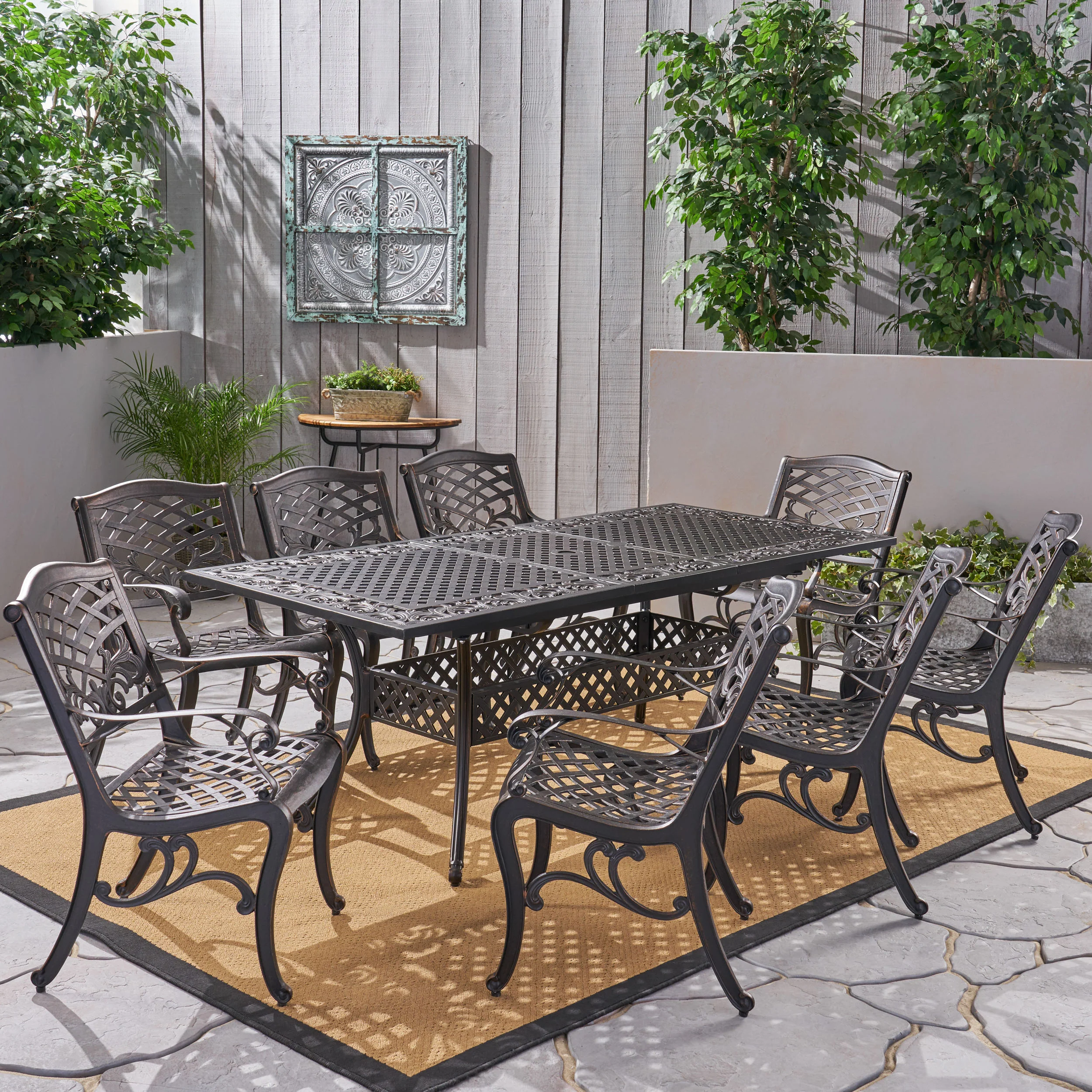 Honolulu 8-Seater Outdoor Cast Aluminum Dining Set with Expandable Table - furnishings