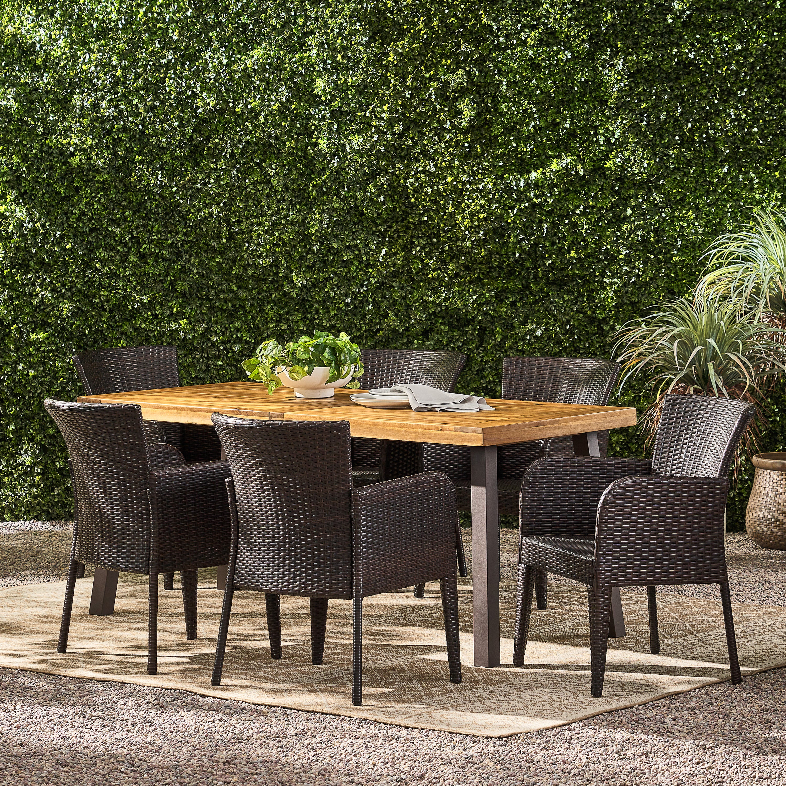Helton 7 Piece Outdoor Dining Set (Wood Table w/ Wicker Chairs) - furnishings