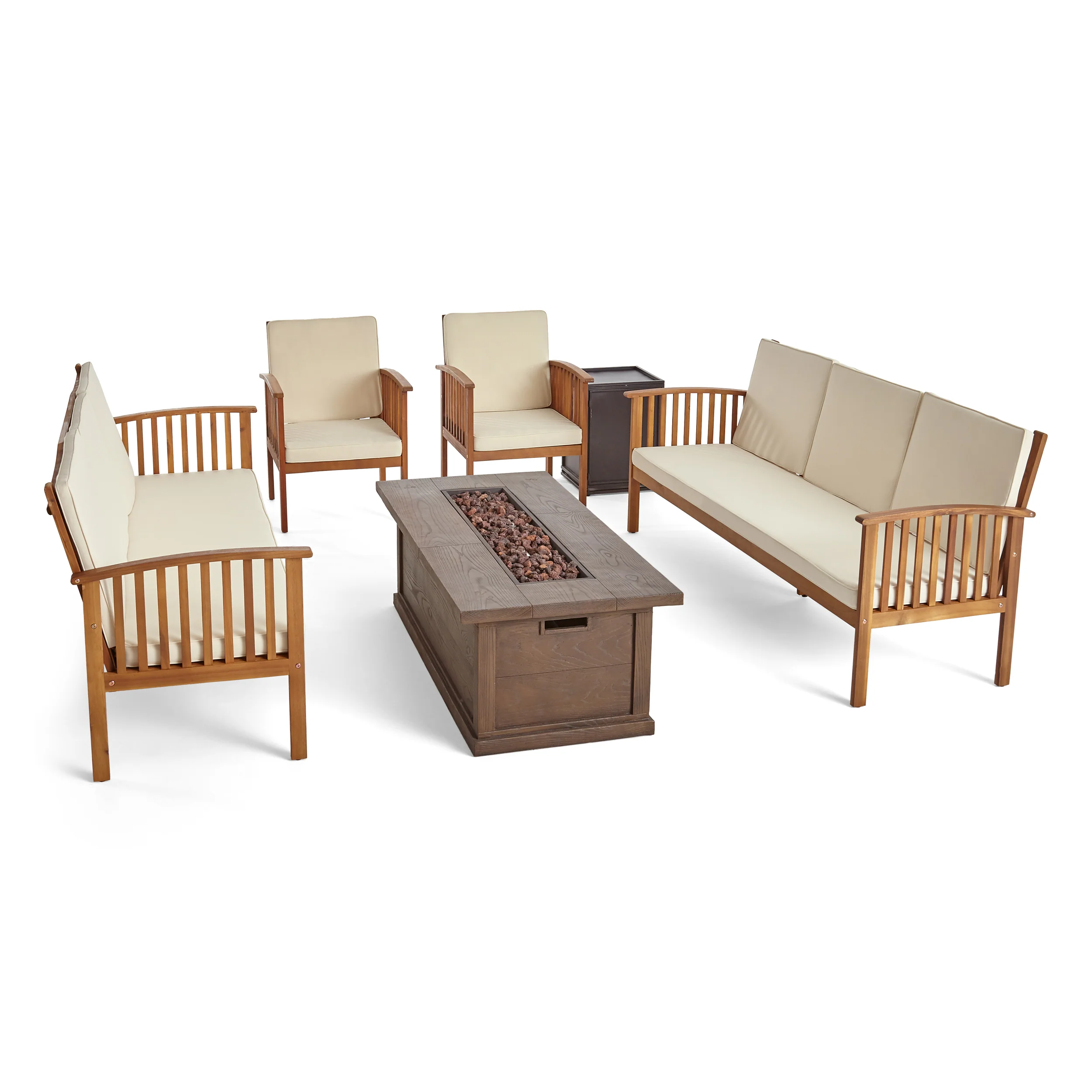 Karen Outdoor 6 Piece Acacia Wood Sofa Conversational Set with Fire Pit - furnishings