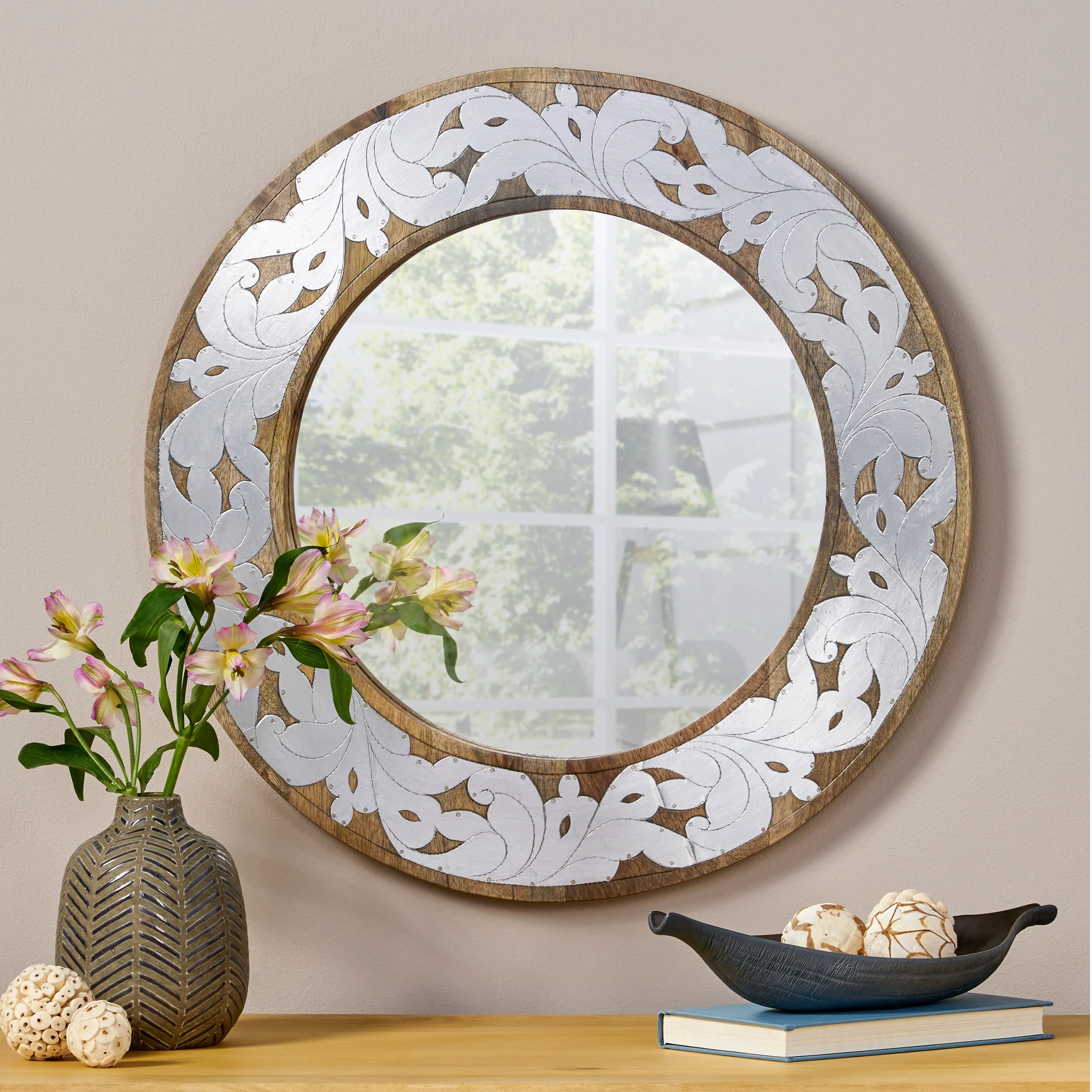 Danyella Mango Wood Aluminum Fitted Round Mirror - furnishings