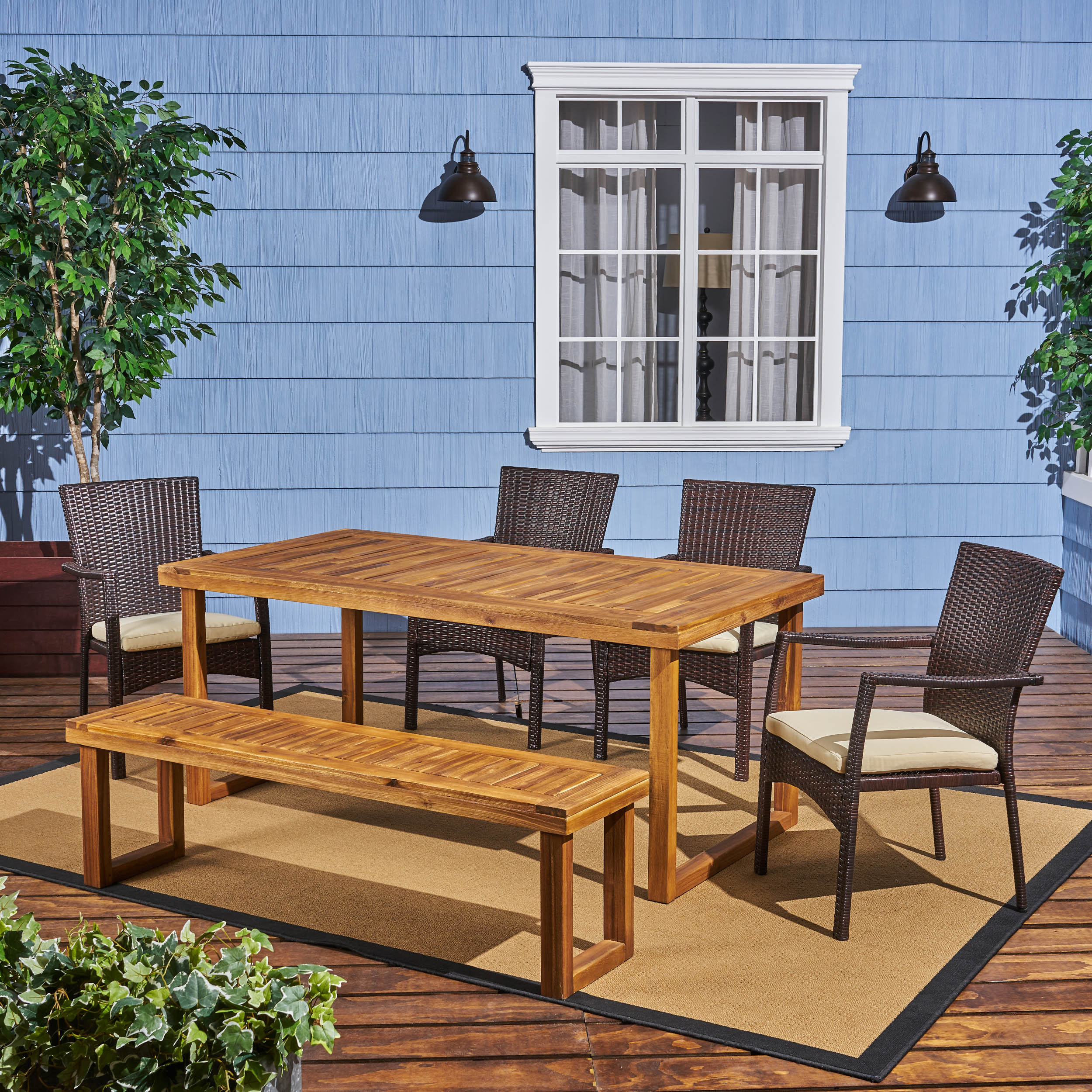 Dawn Outdoor 6-Seater Wood and Wicker Chair and Bench Dining Set - furnishings