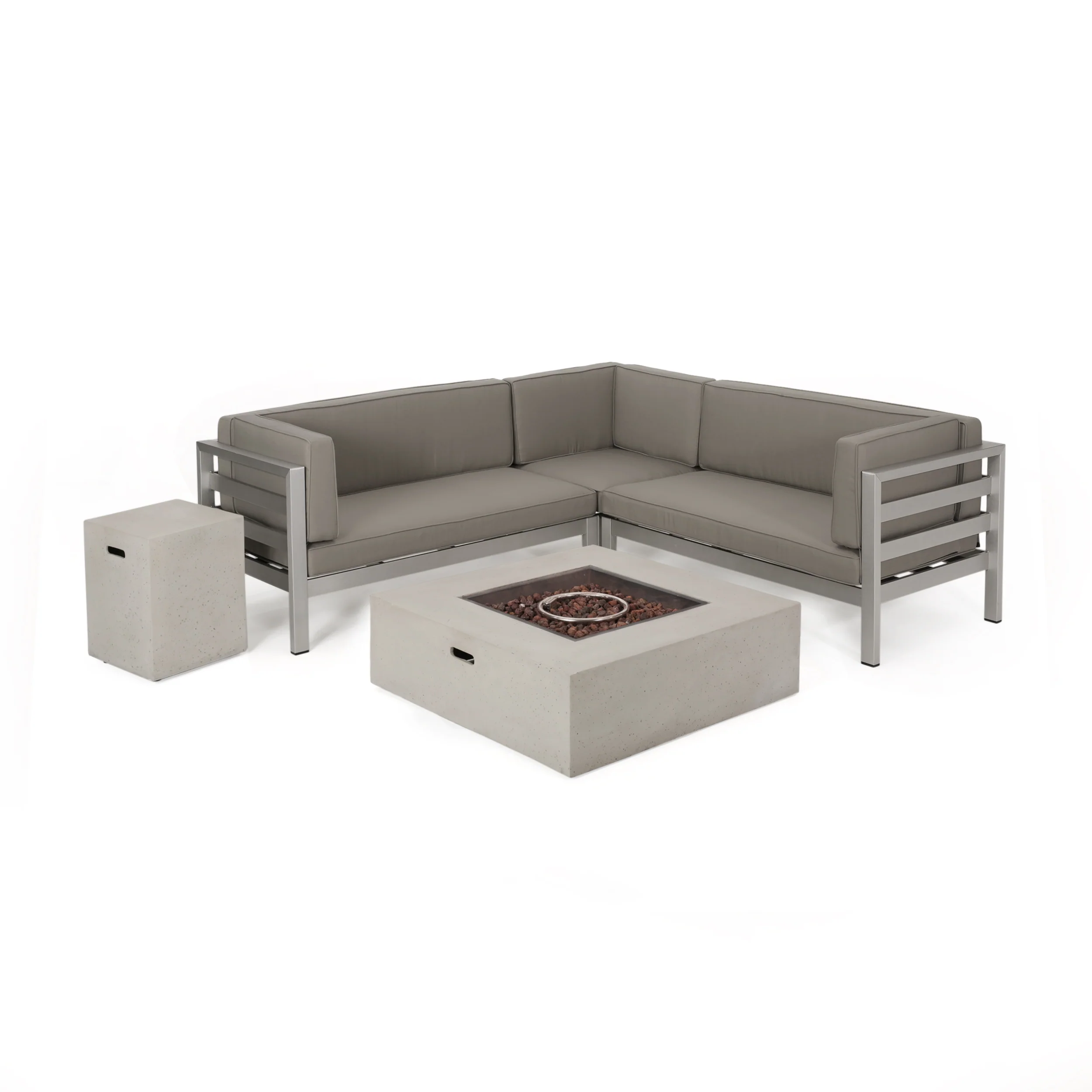 Lompoc Aire Outdoor Modern 5 Seater V-Shaped Sectional Sofa Set with Fire Pit and Tank Holder - furnishings