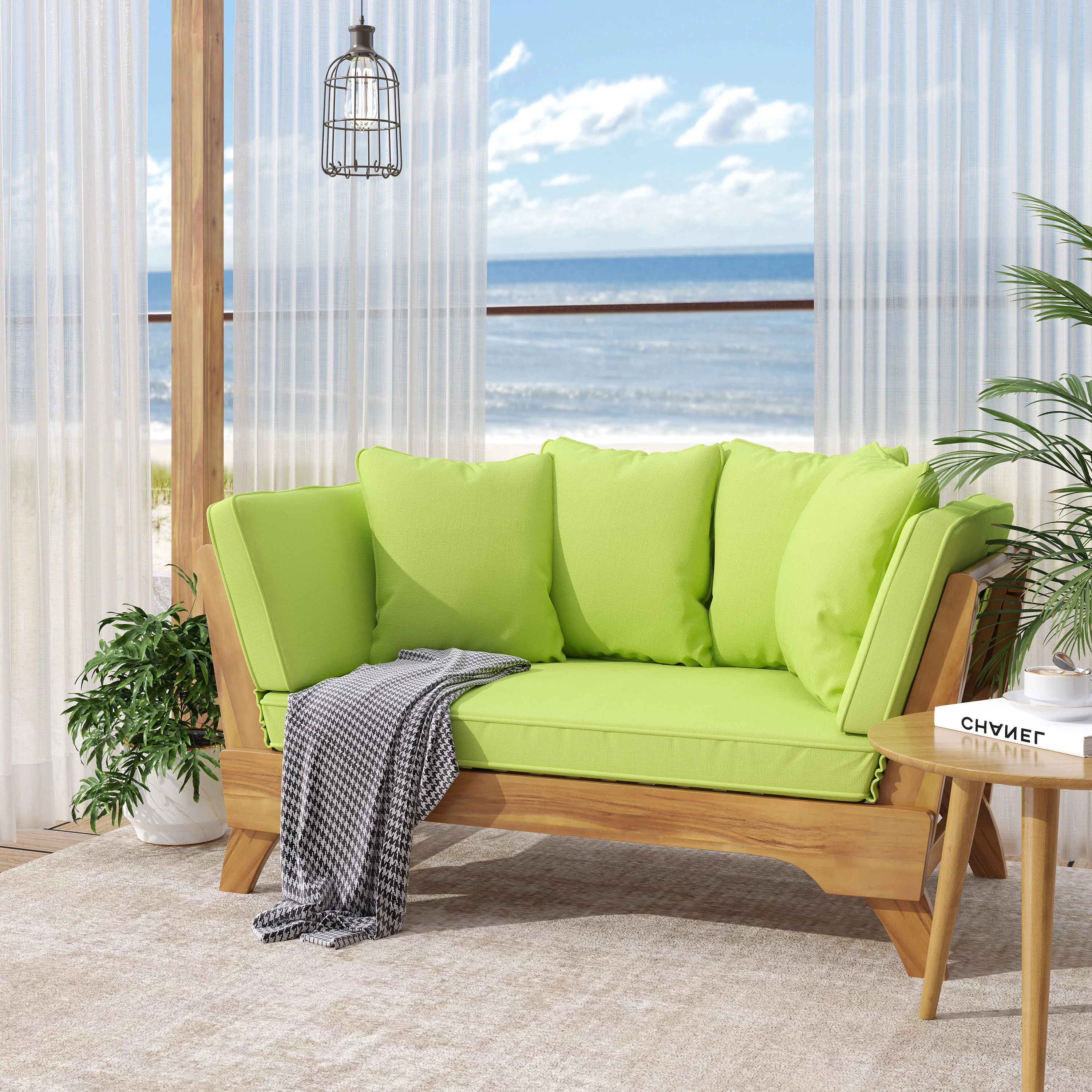 Oceanna Outdoor Acacia Wood and Rope Expandable Daybed with Cushions - furnishings