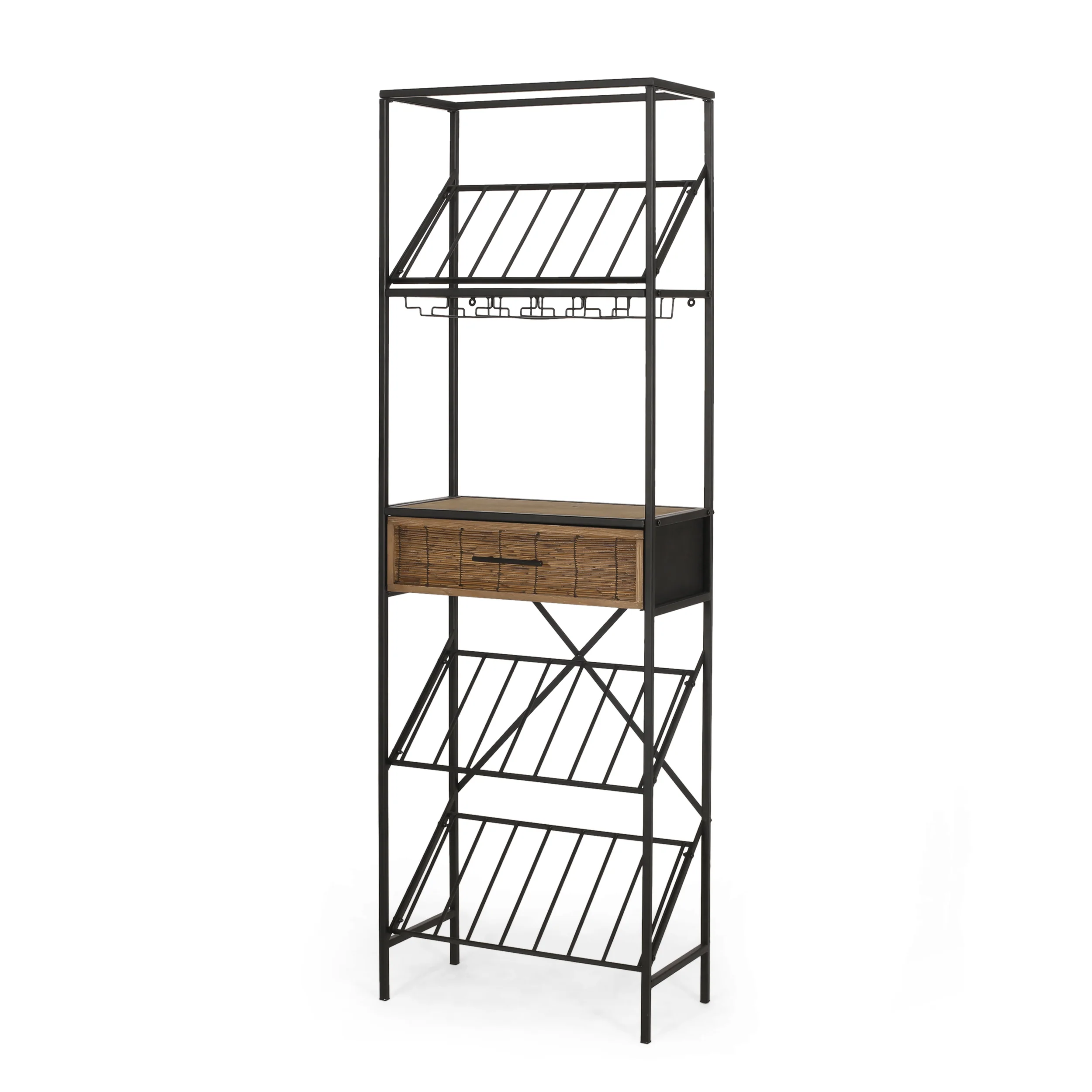 Broadwater Boho Industrial 21 Bottle Floor Wine Rack with Storage, Natural and Black - furnishings