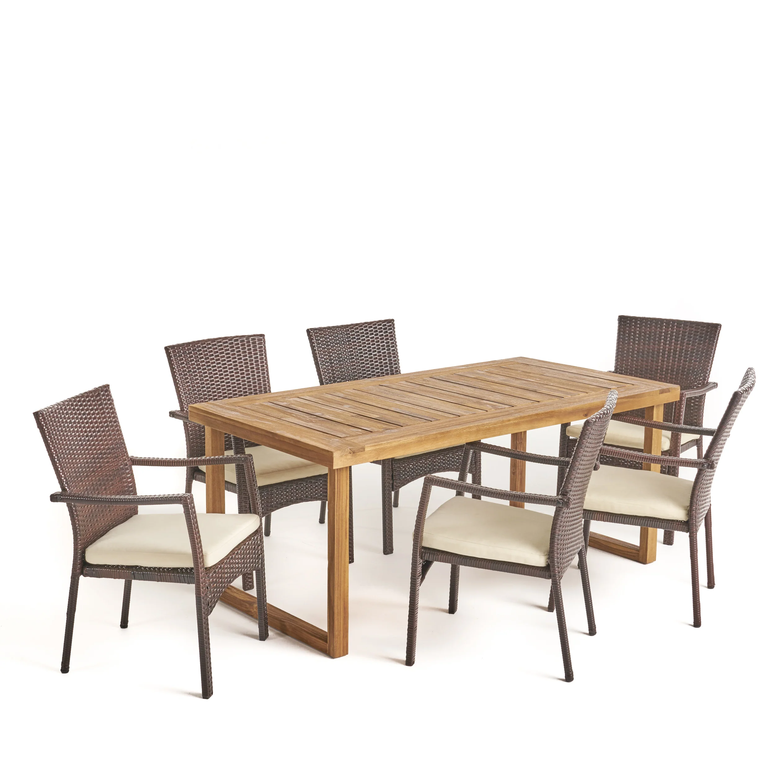 Humphrey Outdoor 6-Seater Acacia Wood Dining Set with Wicker Chairs, Sandblast Natural Finish and Multi Brown and Beige - furnishings