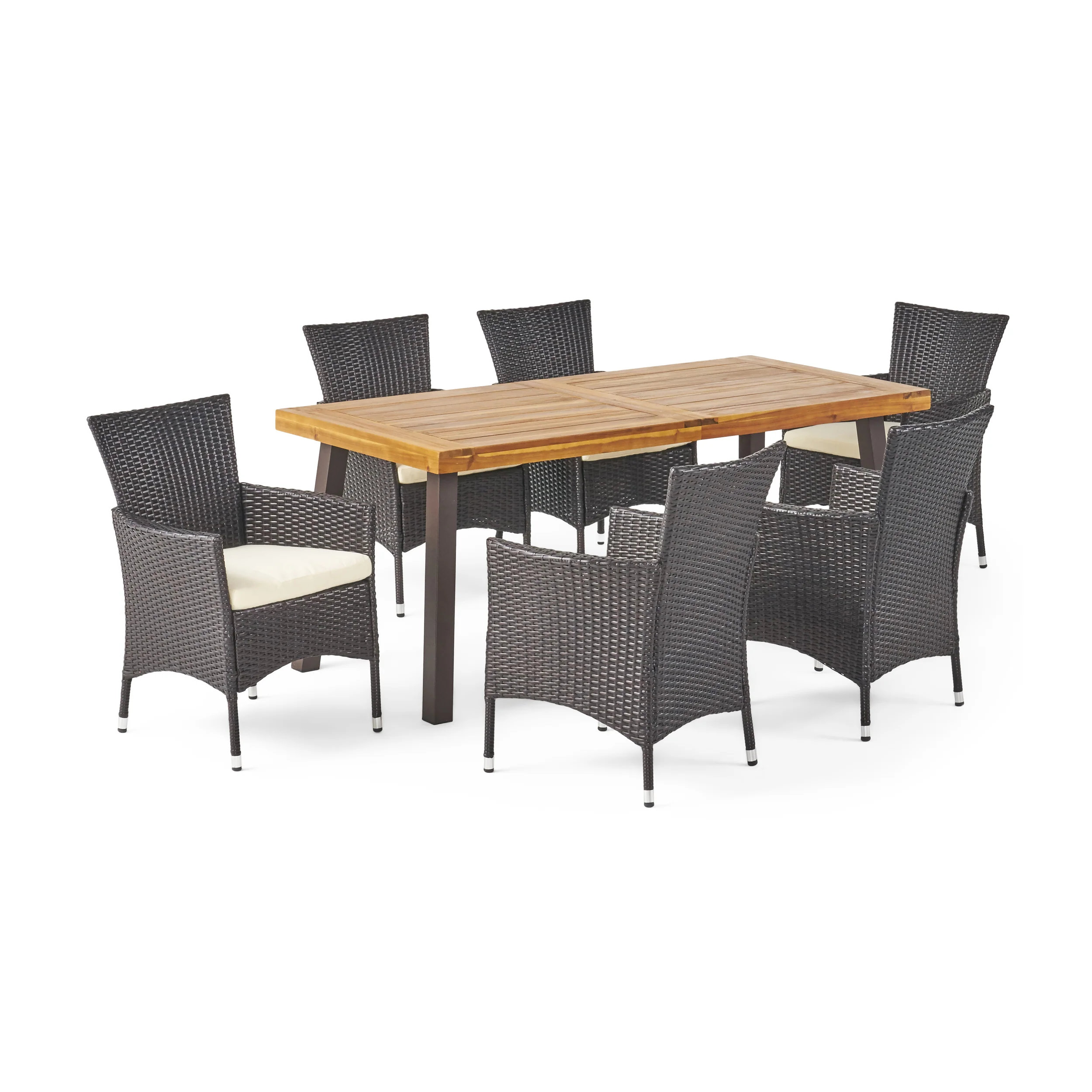 Randy Outdoor 7 Piece Acacia Wood/ Wicker Dining Set with Cushions, Teak Finish and Multibrown with Beige - furnishings