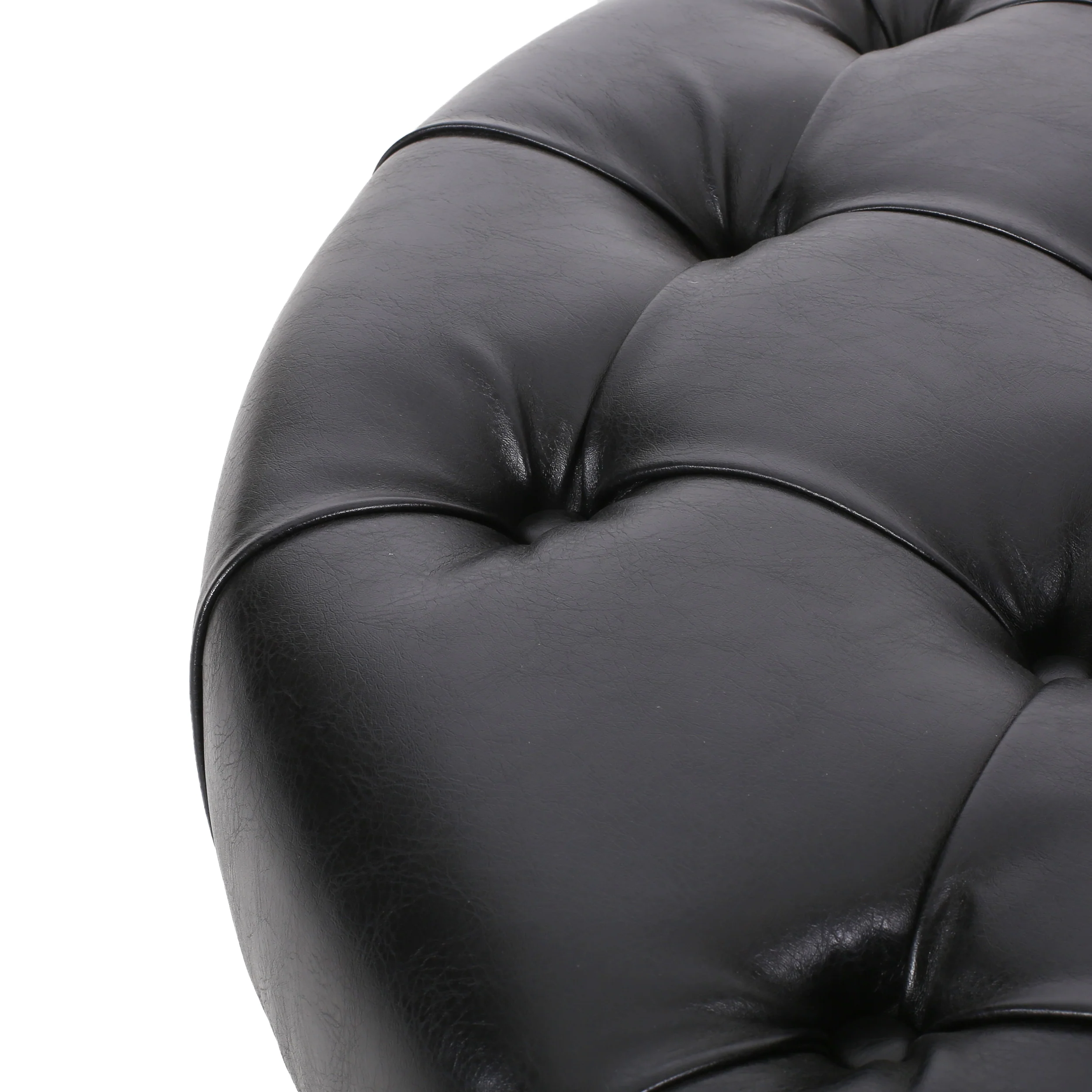 Baynes Contemporary Faux Leather Tufted Wood Round Ottoman with Open Shelf - furnishings