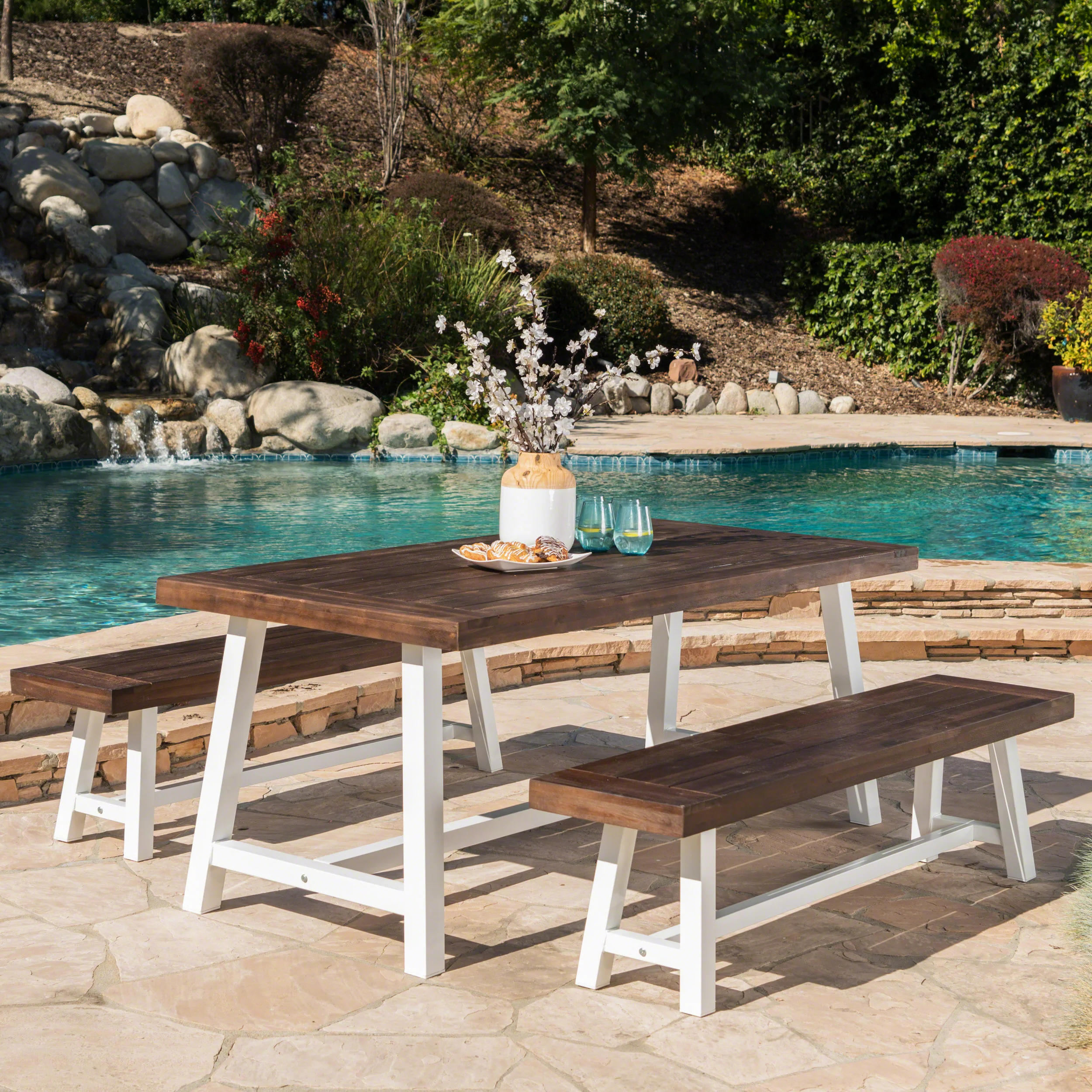 Bowman Outdoor Modern Industrial 3 Piece Acacia Wood Picnic Dining Set with Benches - furnishings