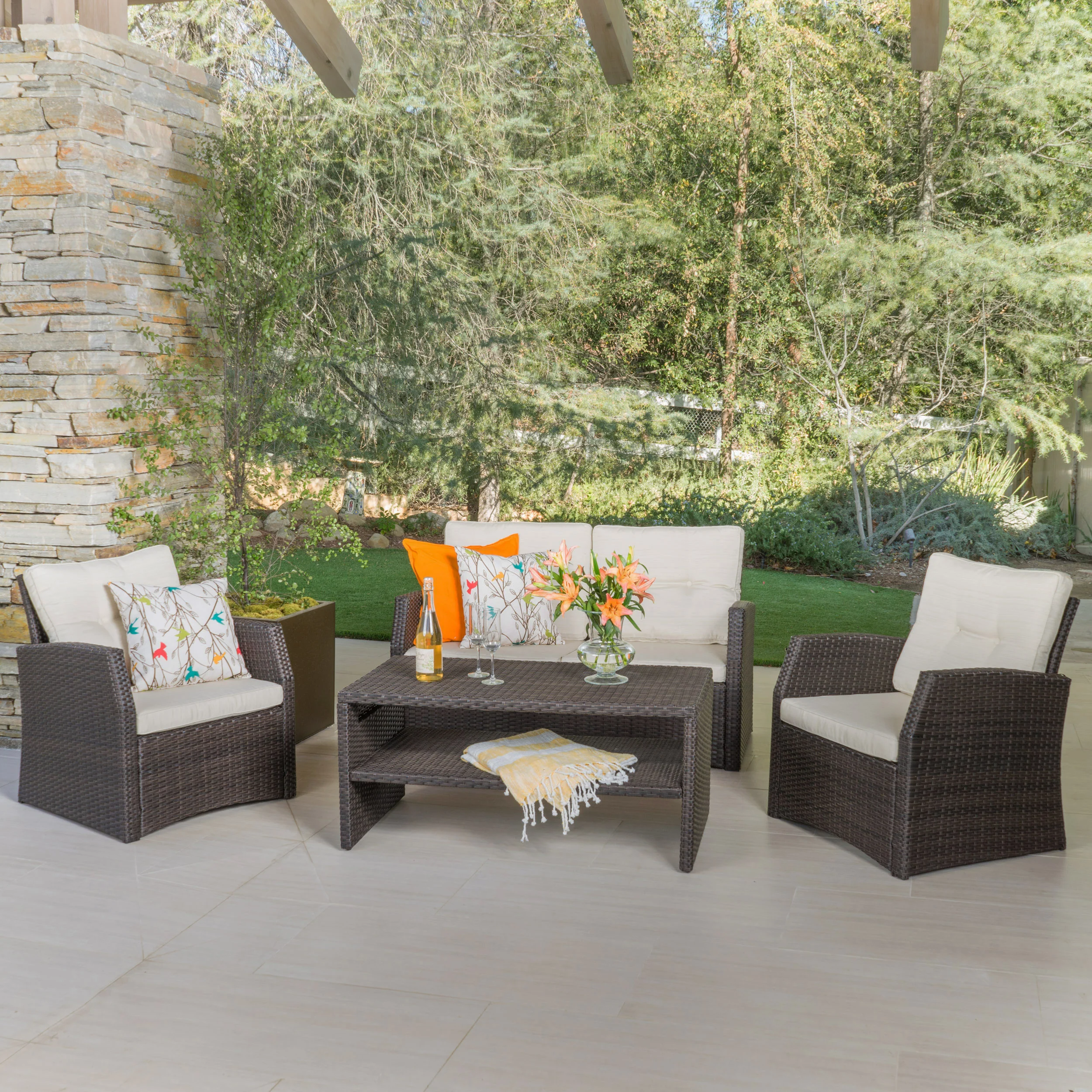 Del Norte Outdoor 4 Piece Dark Brown Wicker Chat Set with Beige Water Resistant Cushions - furnishings