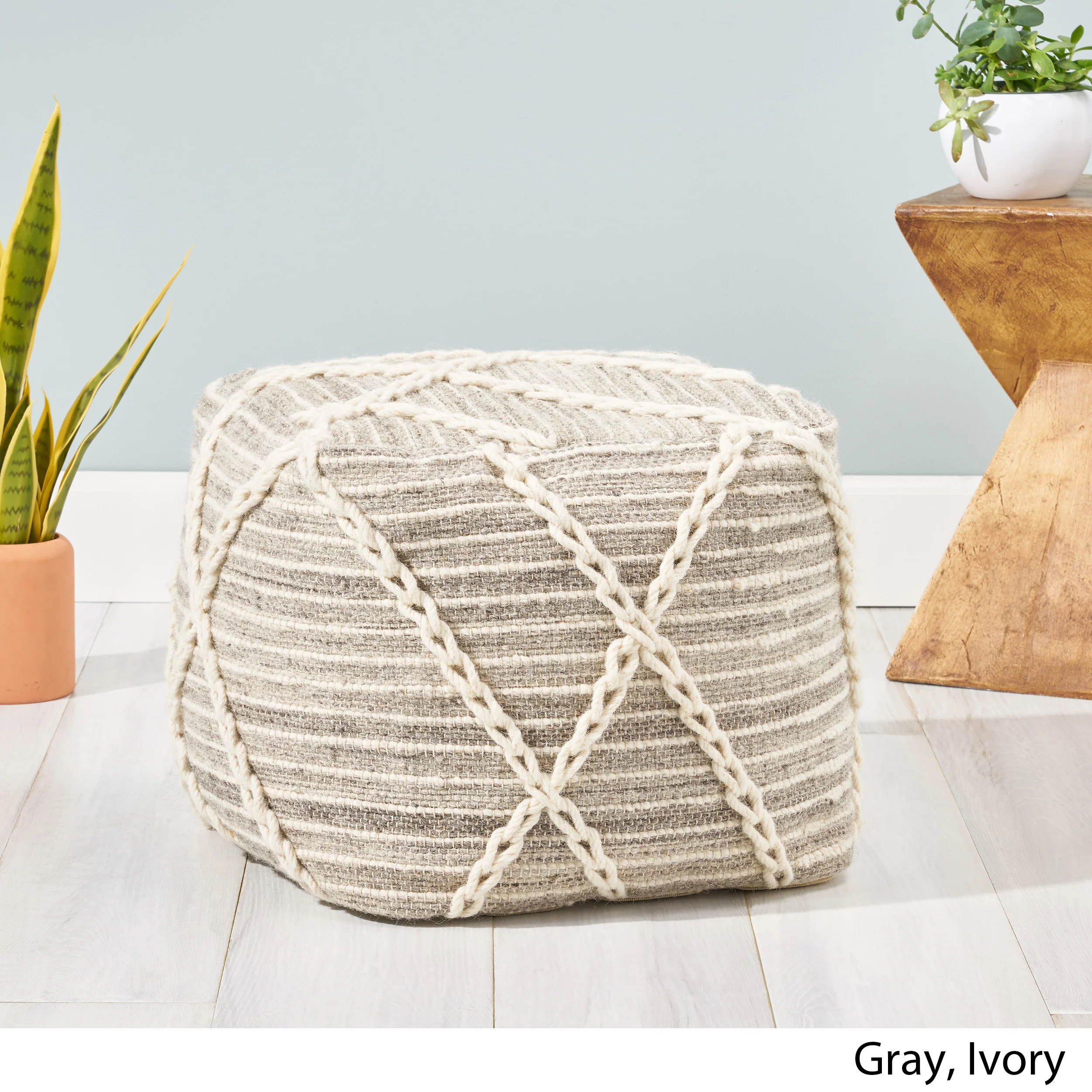 Naylea Contemporary Wool and Cotton Pouf Ottoman - furnishings