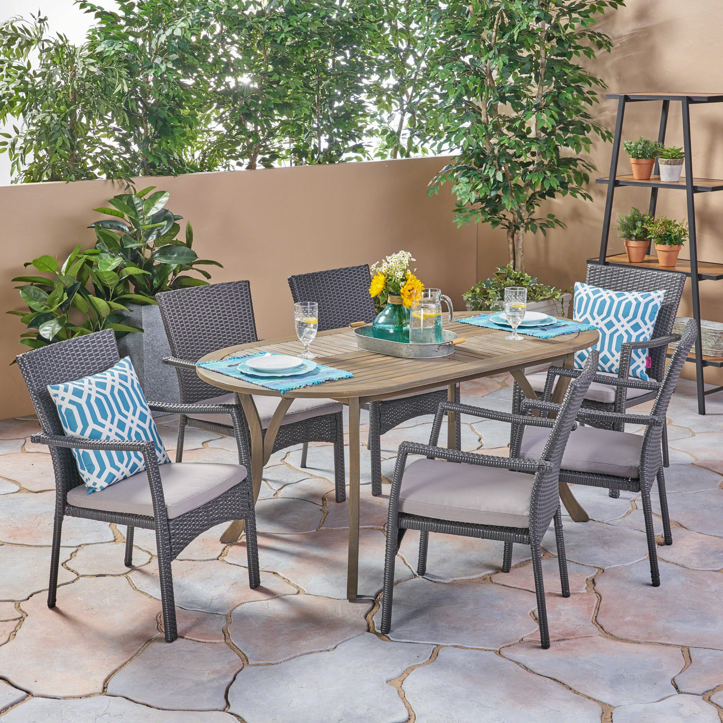 Dallas Outdoor 7 Piece Wood and Wicker Dining Set, Gray Finish and Gray - furnishings