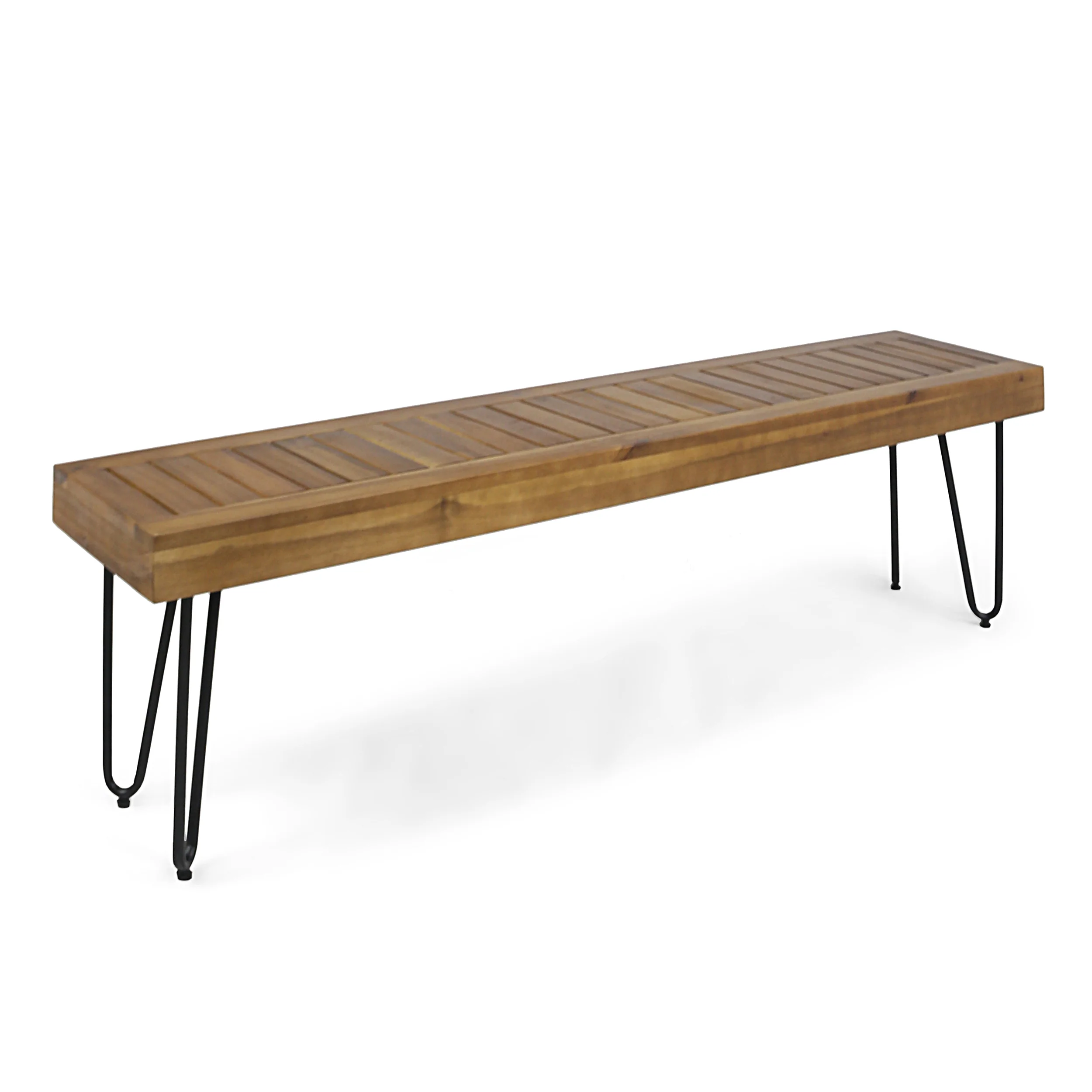 Abbet Outdoor Farmhouse Slat-Top Acacia Wood Bench w/ Metal Hairpin Legs - furnishings
