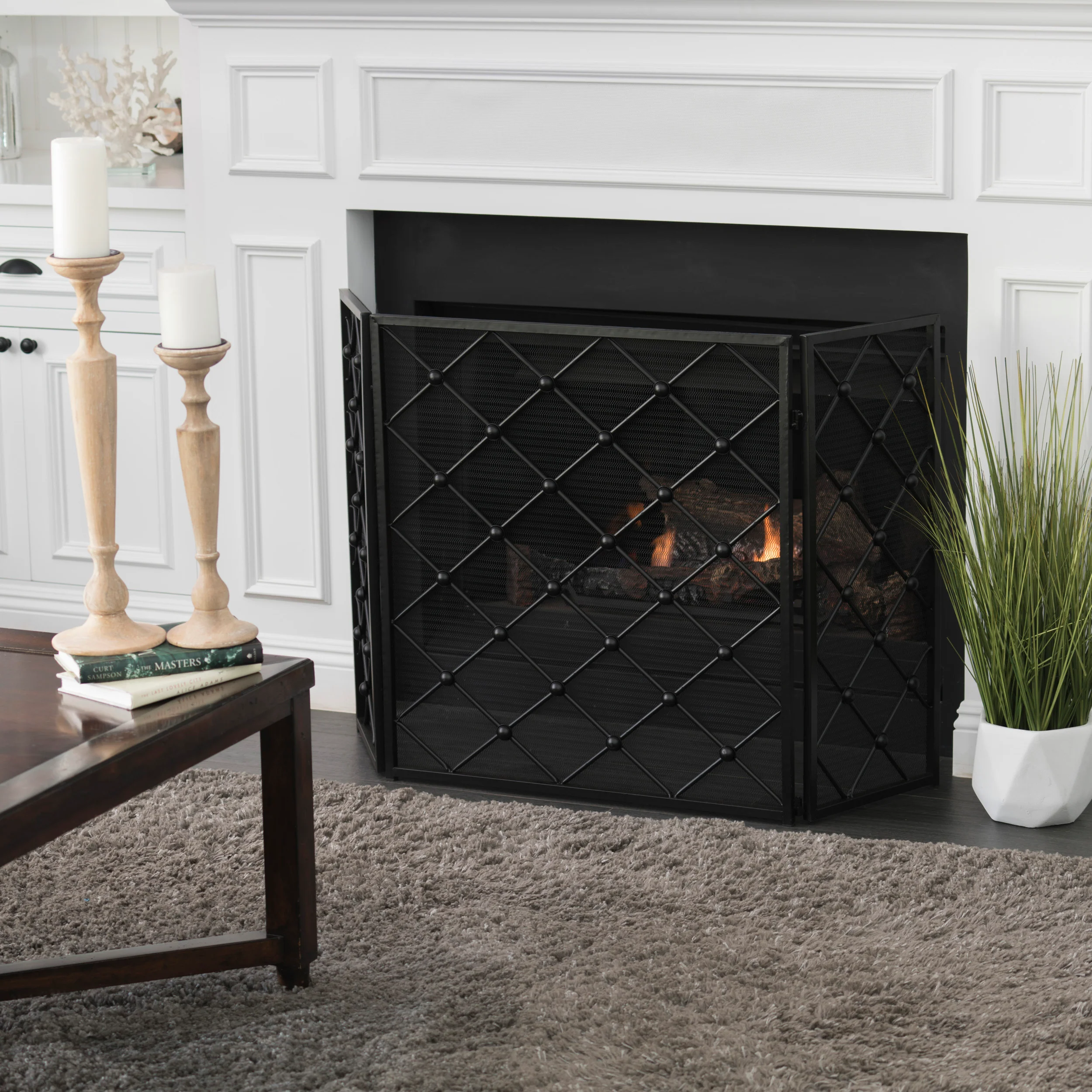 Chamberlain Modern 3-Panel Diamond Pattern Iron Fireplace Screen - furnishings