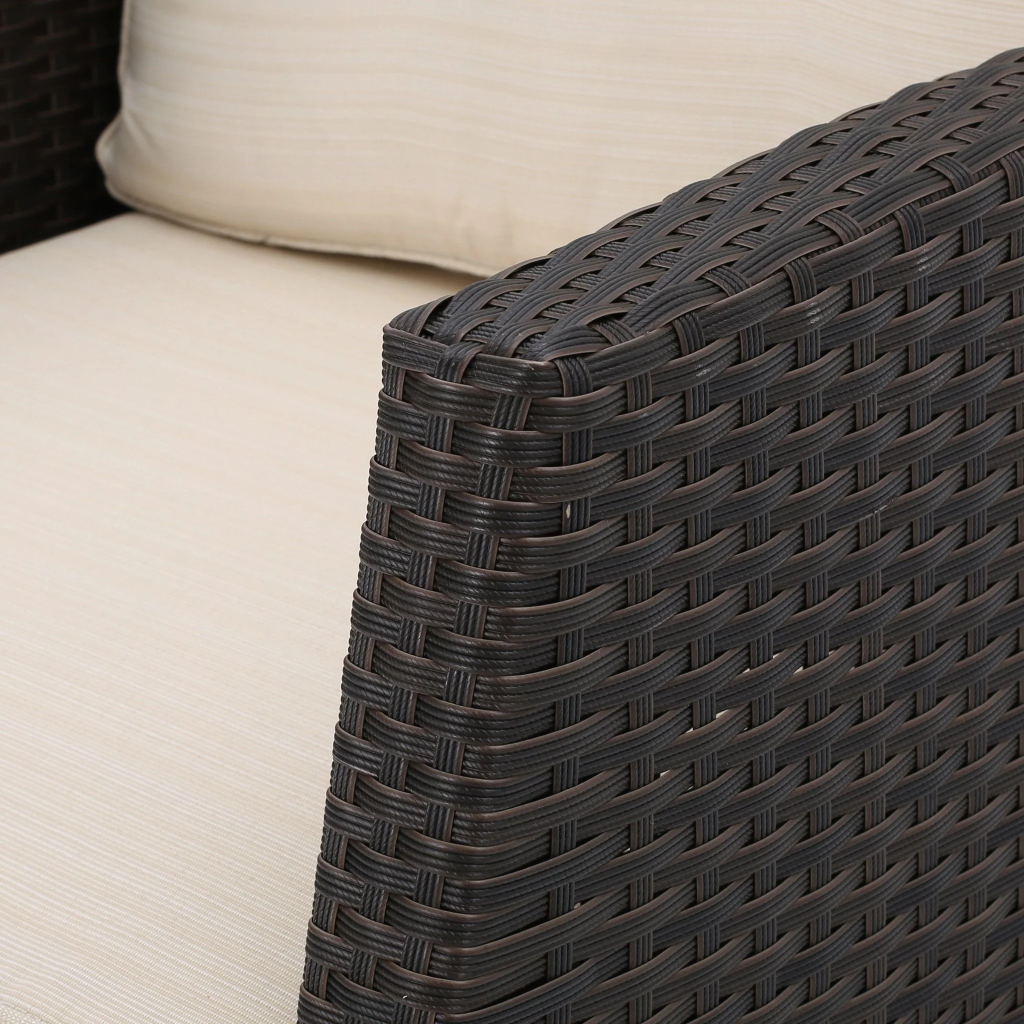 Del Norte Outdoor 4 Piece Dark Brown Wicker Chat Set with Beige Water Resistant Cushions - furnishings