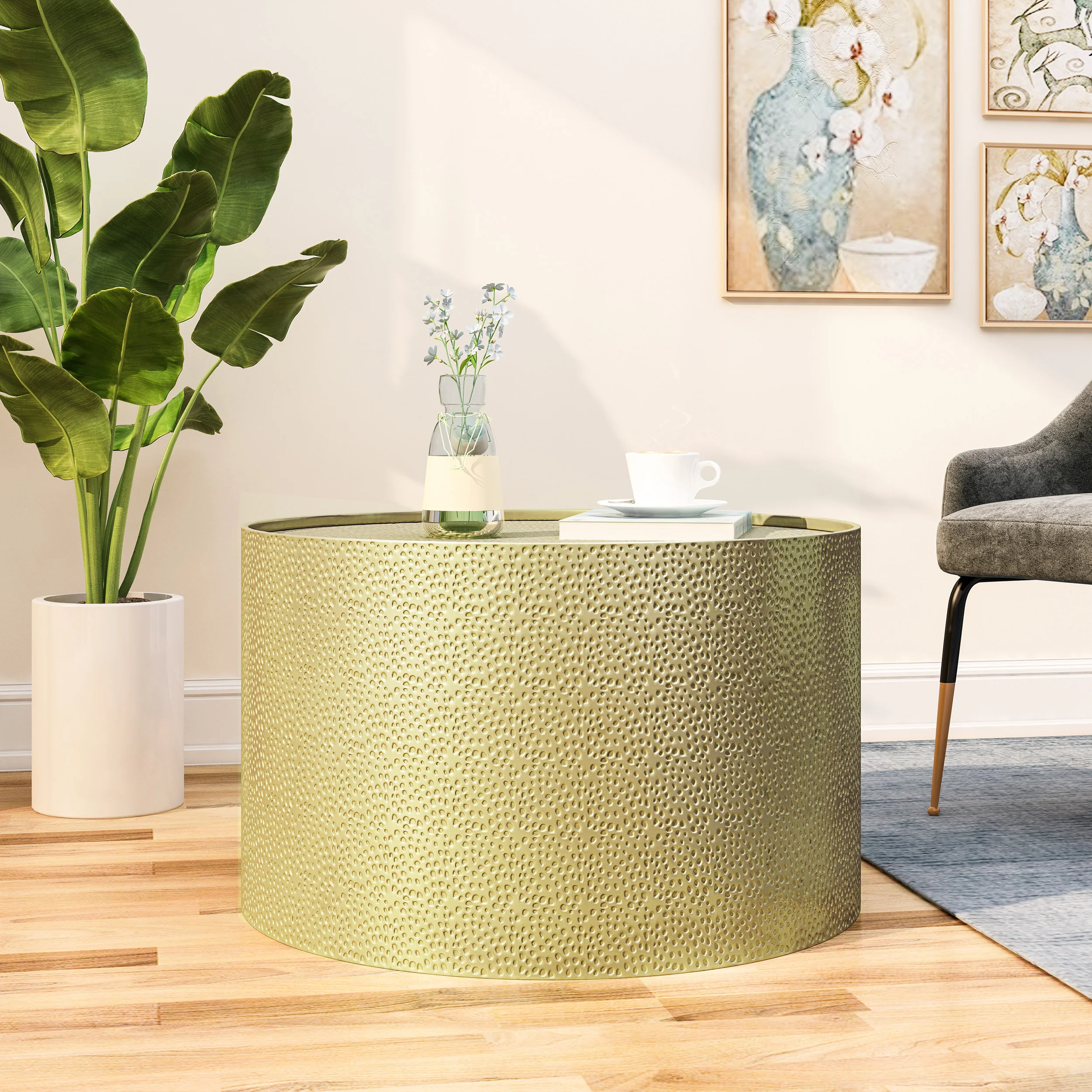 Rache Modern Round Coffee Table with Hammered Iron - furnishings