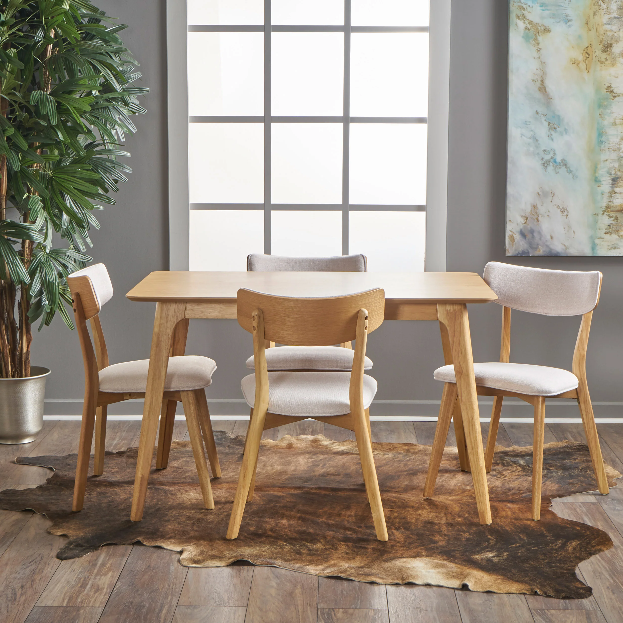 Meanda Mid Century Finished 5 Piece Wood Dining Set with Fabric Chairs - furnishings