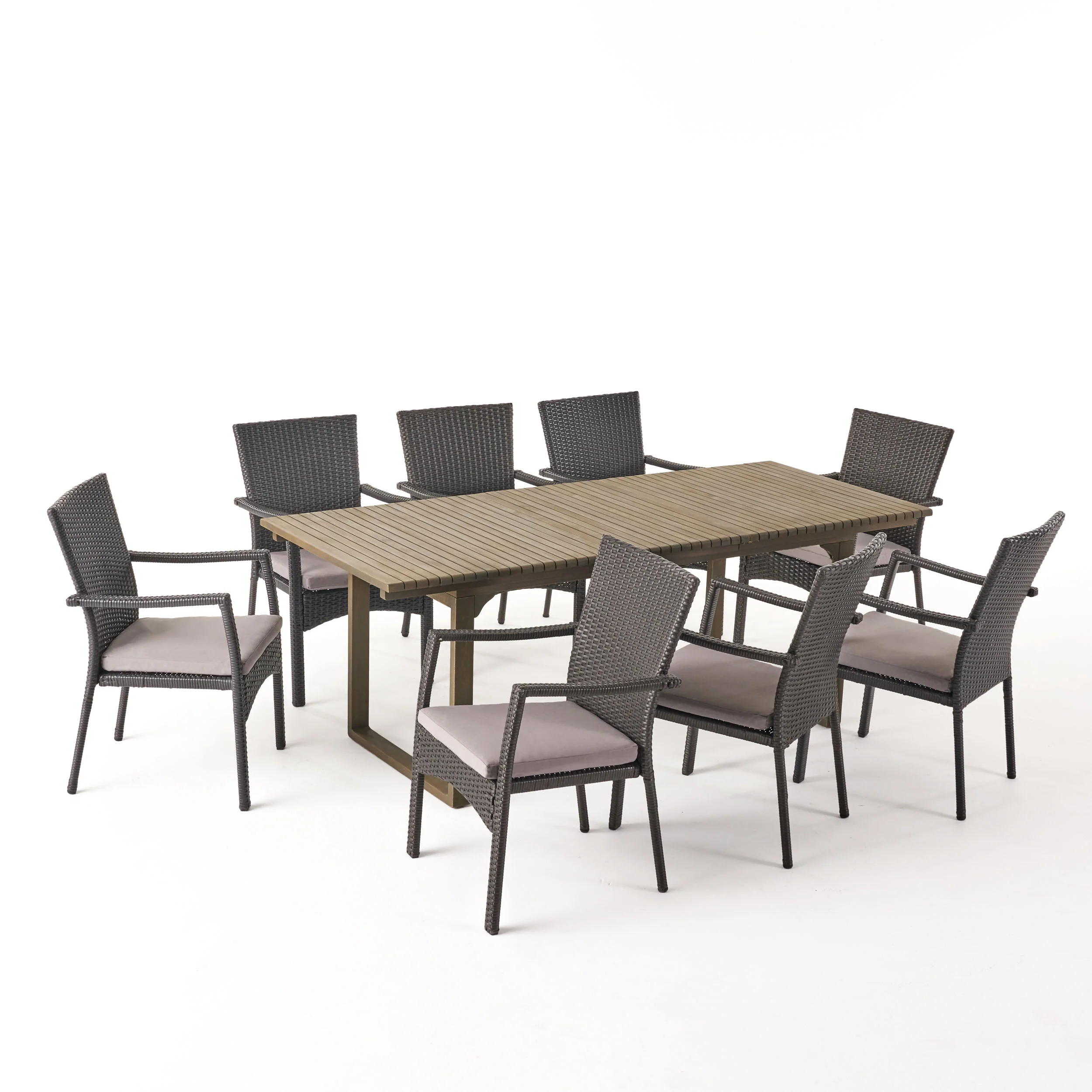 Maise Outdoor 8 Seater Expandable Wood and Wicker Dining Set, Gray - furnishings