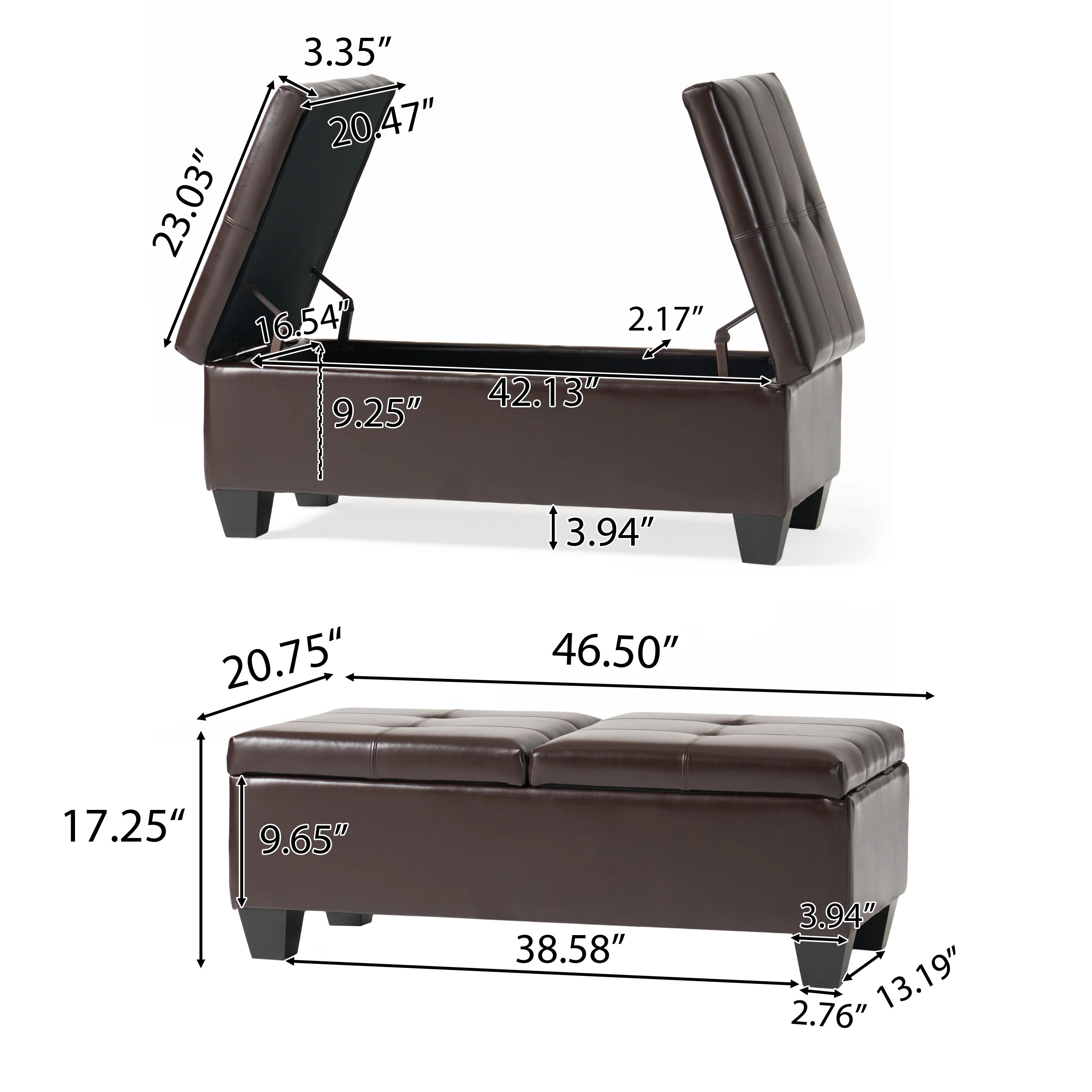 Murray Rectangle Double Flip Leather Storage Ottoman Coffee Table - furnishings
